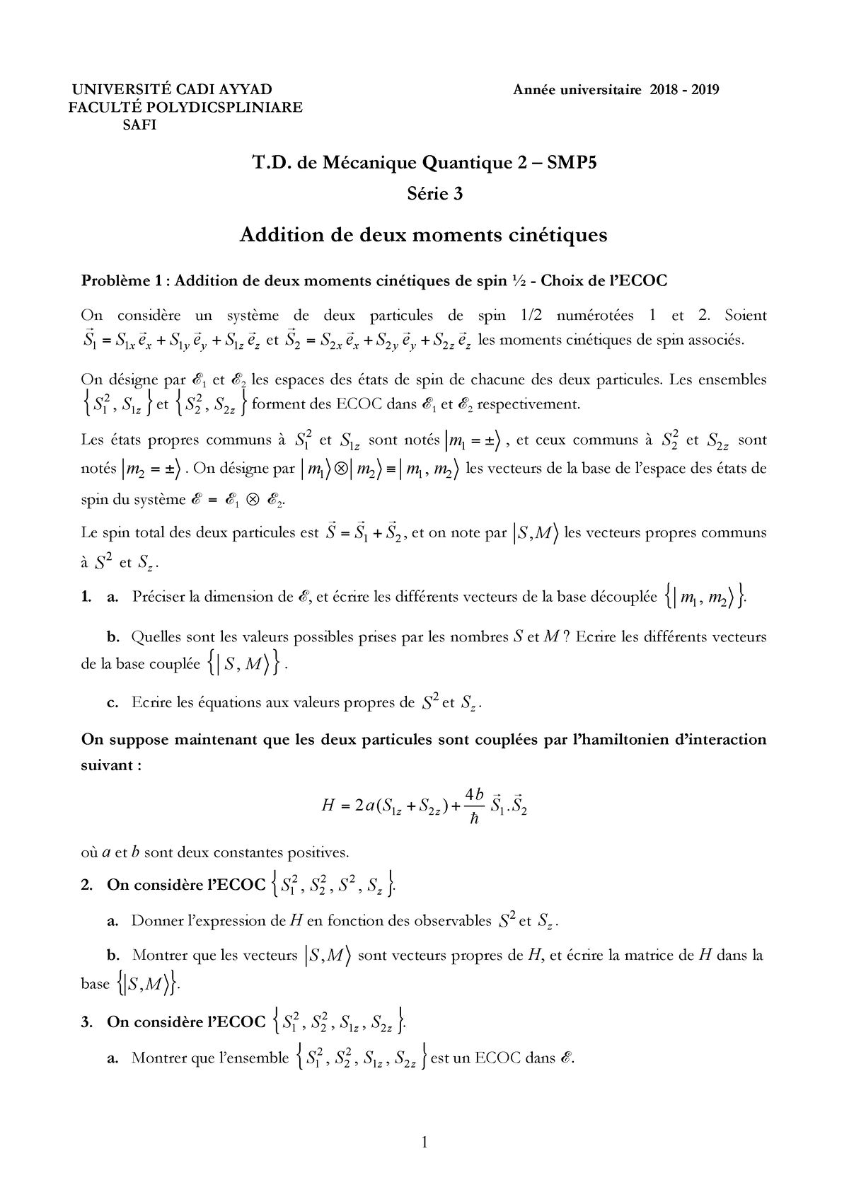 Td3 Mécanique Quantique 2 Smp5 Fssm UniversitÉ Cadi Ayyad Année Universitaire 2018 2019 1879