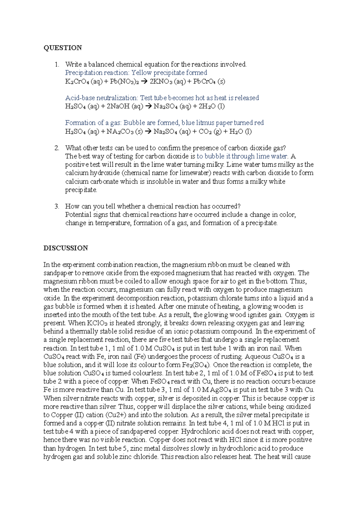 EXP 3 CHM420 - Lab Report 3 - QUESTION Write A Balanced Chemical ...