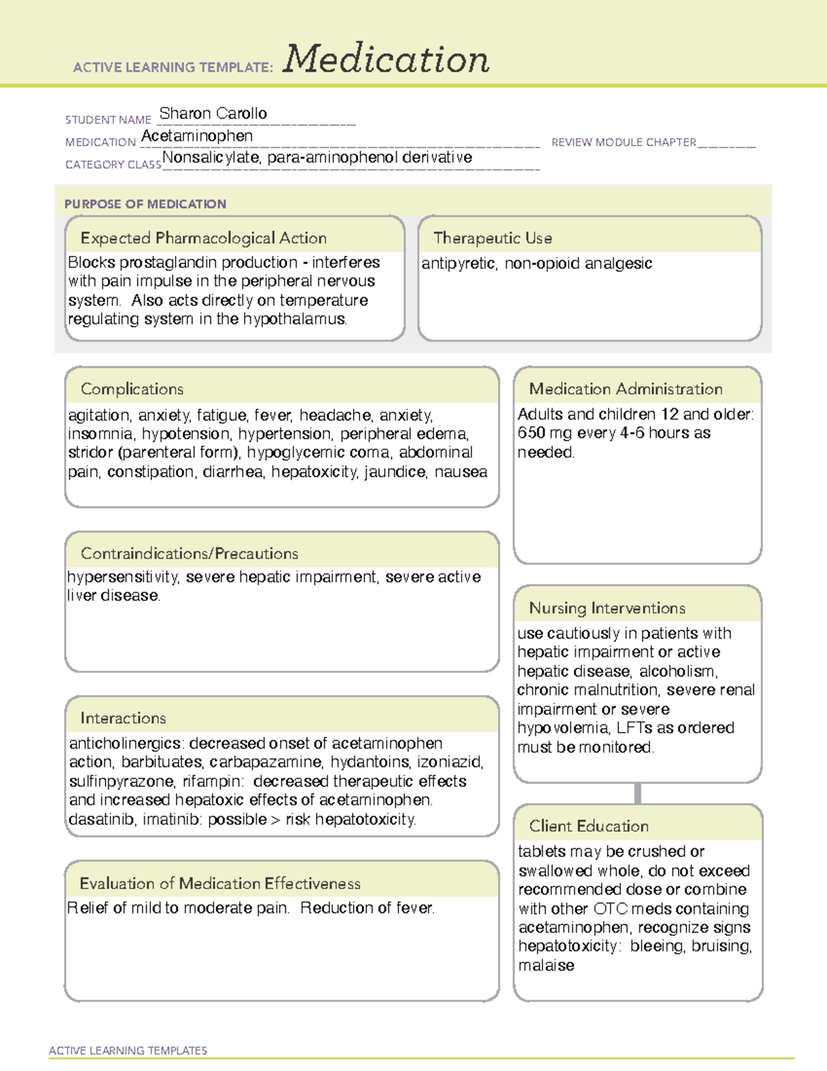 Acetaminophen ALT ACTIVE LEARNING TEMPLATES Medication STUDENT NAME