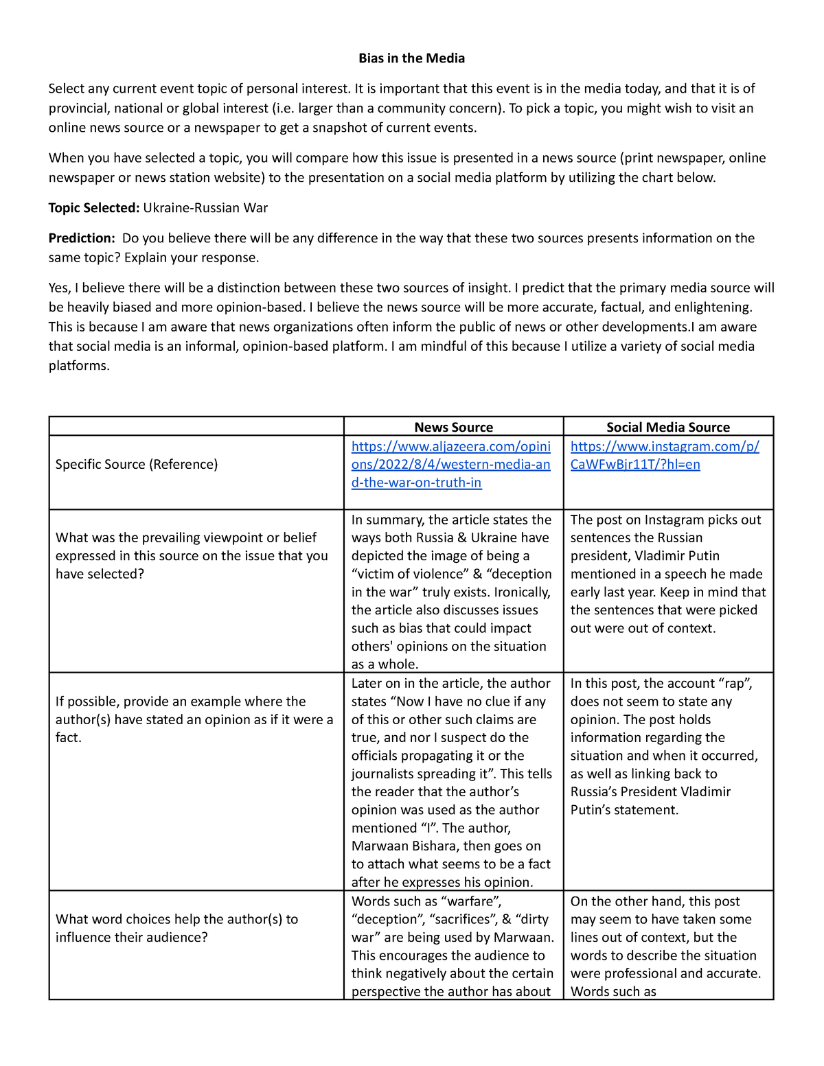 Bias in the Media - n/a - Bias in the Media Select any current event ...