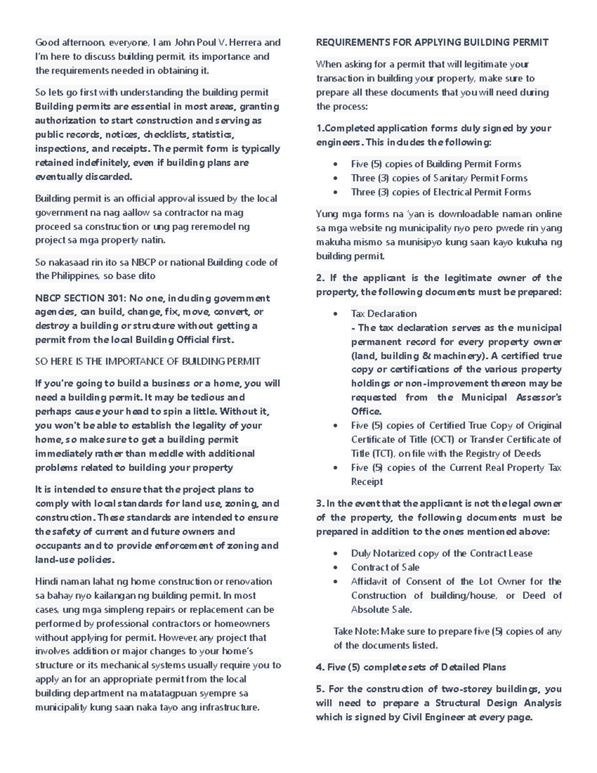 Building Permit Report jp - Good afternoon, everyone, I am John Poul V ...