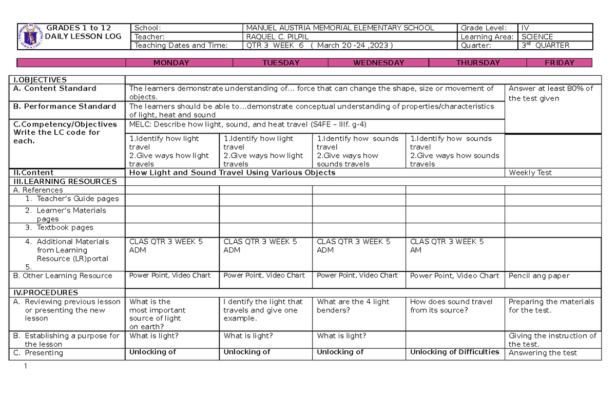 Science Daily Lesson Plan - GRADES 1 to 12 DAILY LESSON LOG School ...