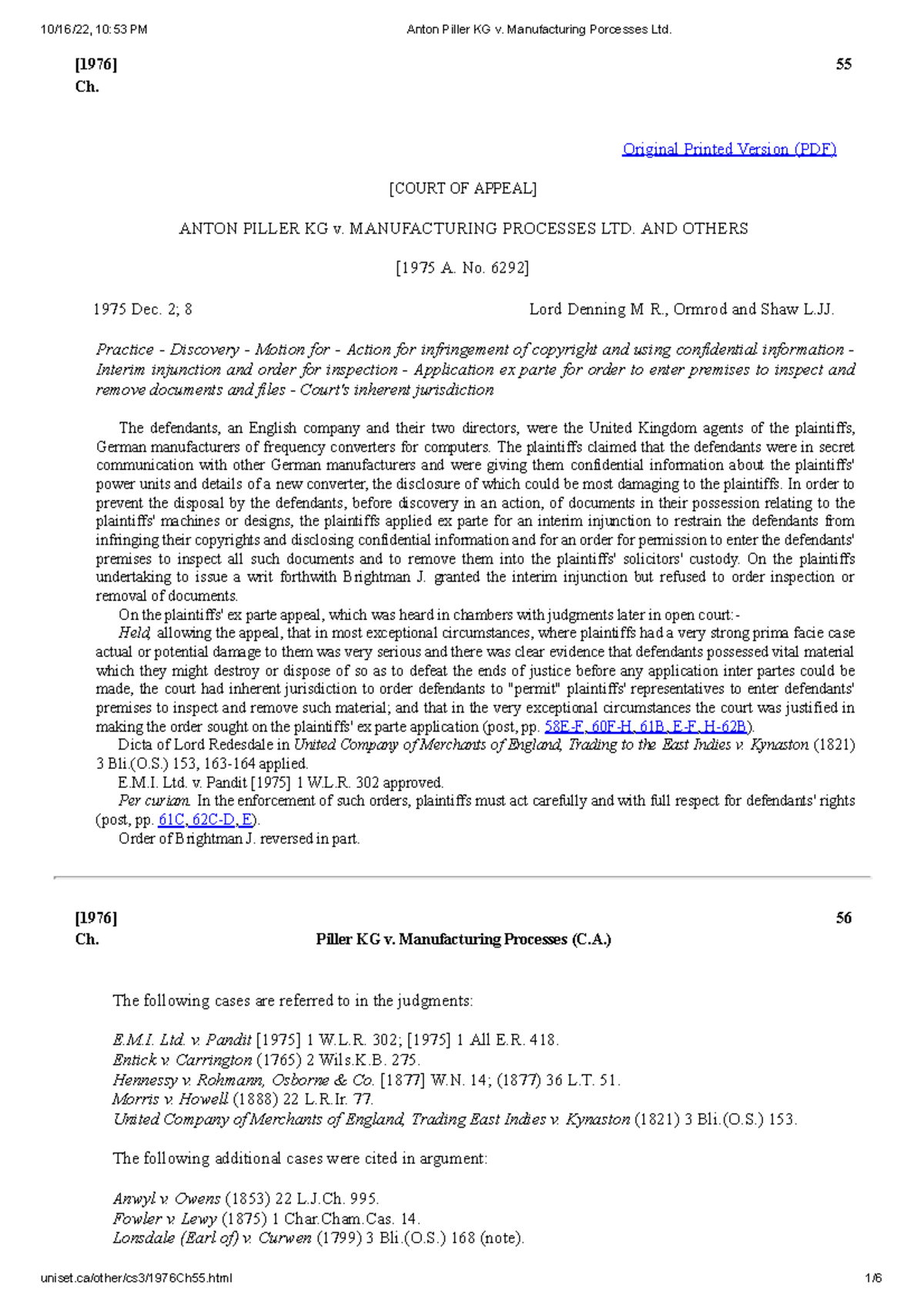 Anton Piller KG v. Manufacturing Porcesses Ltd [1976] 55 Ch. Original