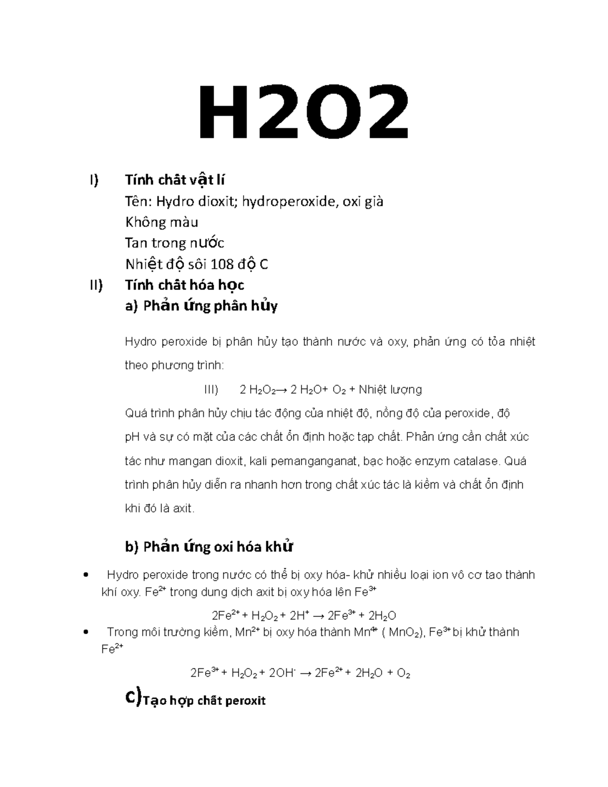 H2O2 - It is so hard but so interested - H2O I) Tính chấất v ật lí Tên ...