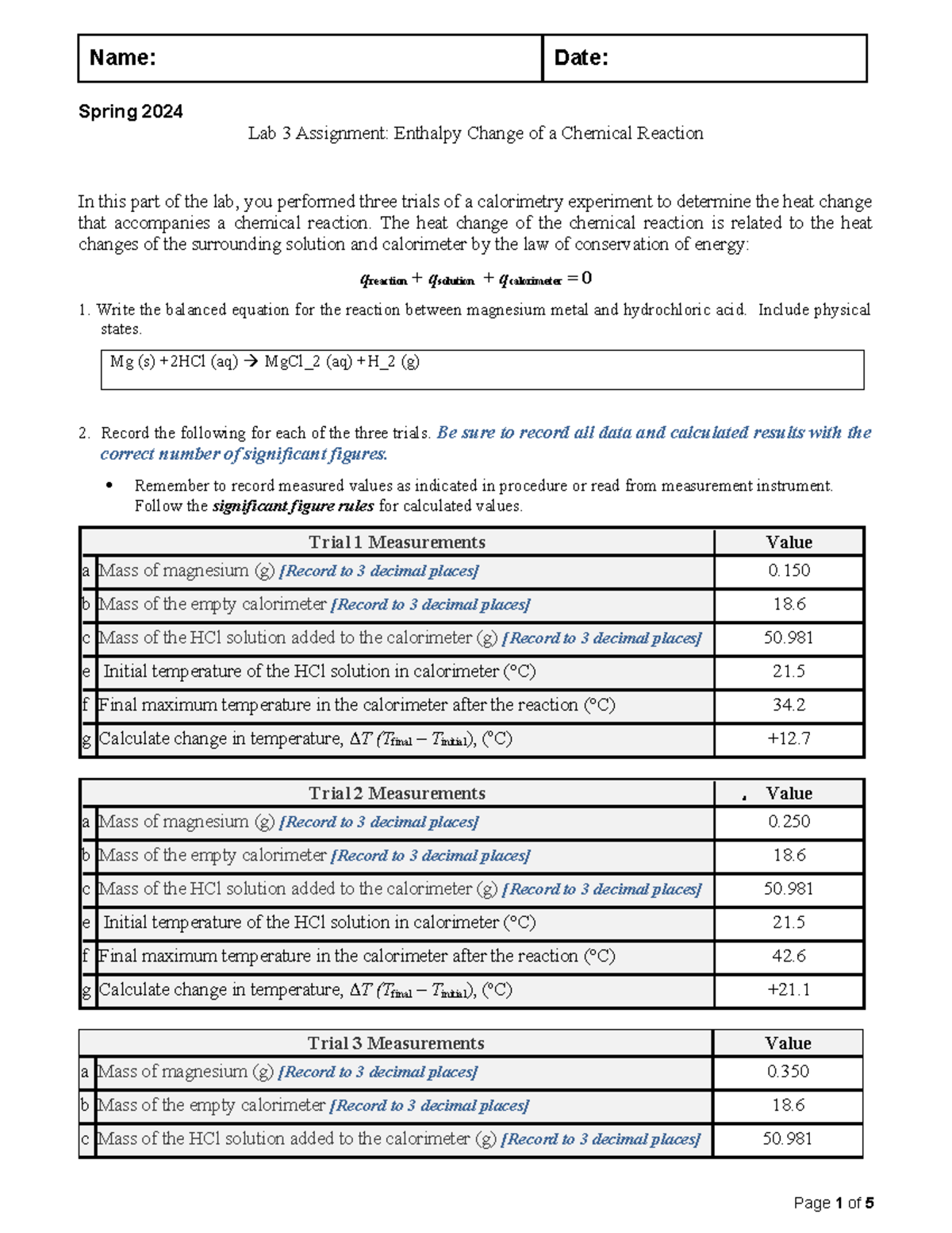 Lab 3 Enthalpy Change Spring 2024 - Spring 2024 Lab 3 Assignment ...