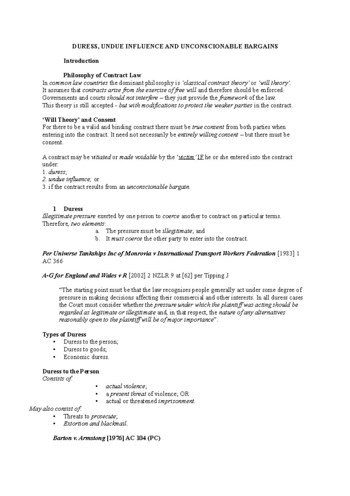 2. Duress - Handout - Duress, Undue Influence And Unconscionable 