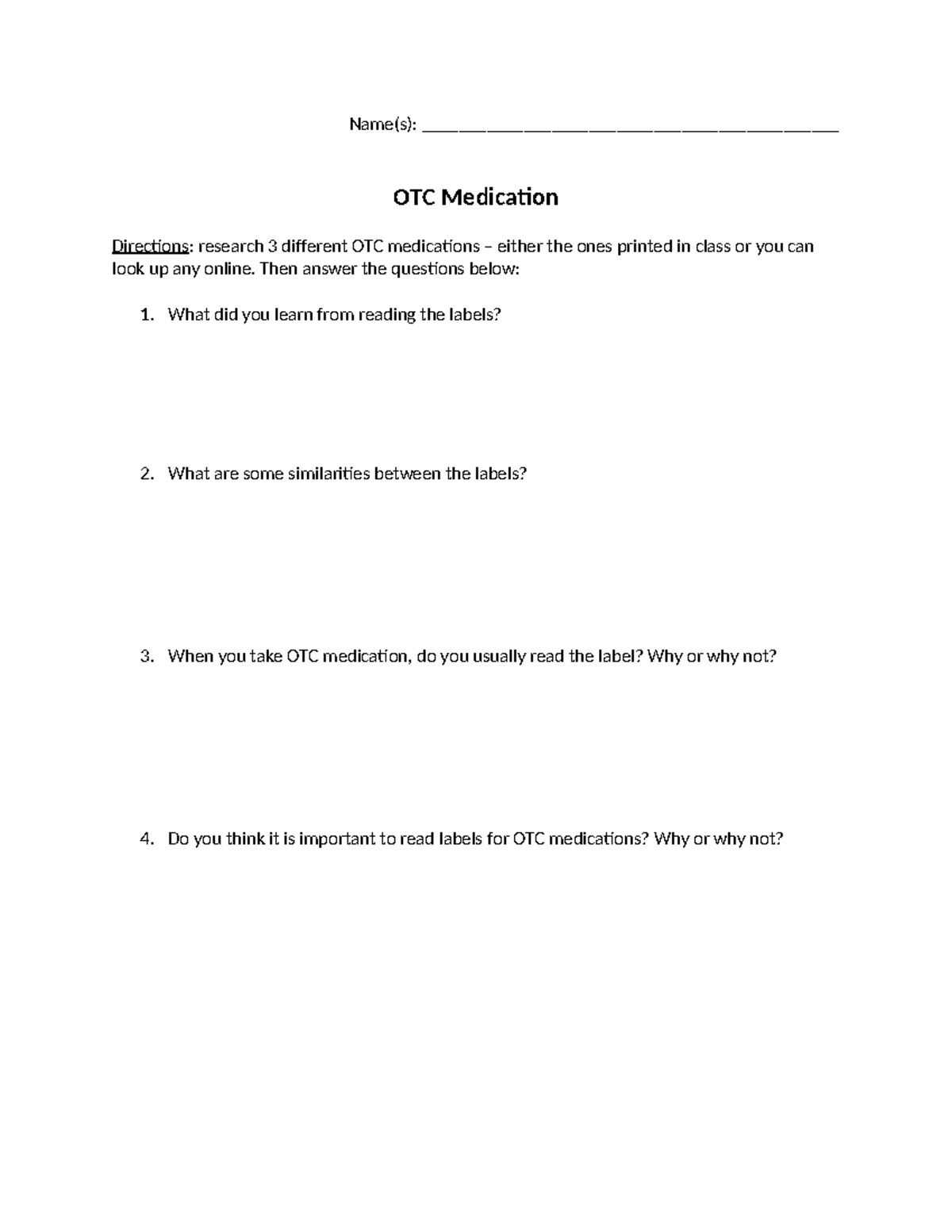 Overthe Counter Medication Worksheet-1 - Name(s