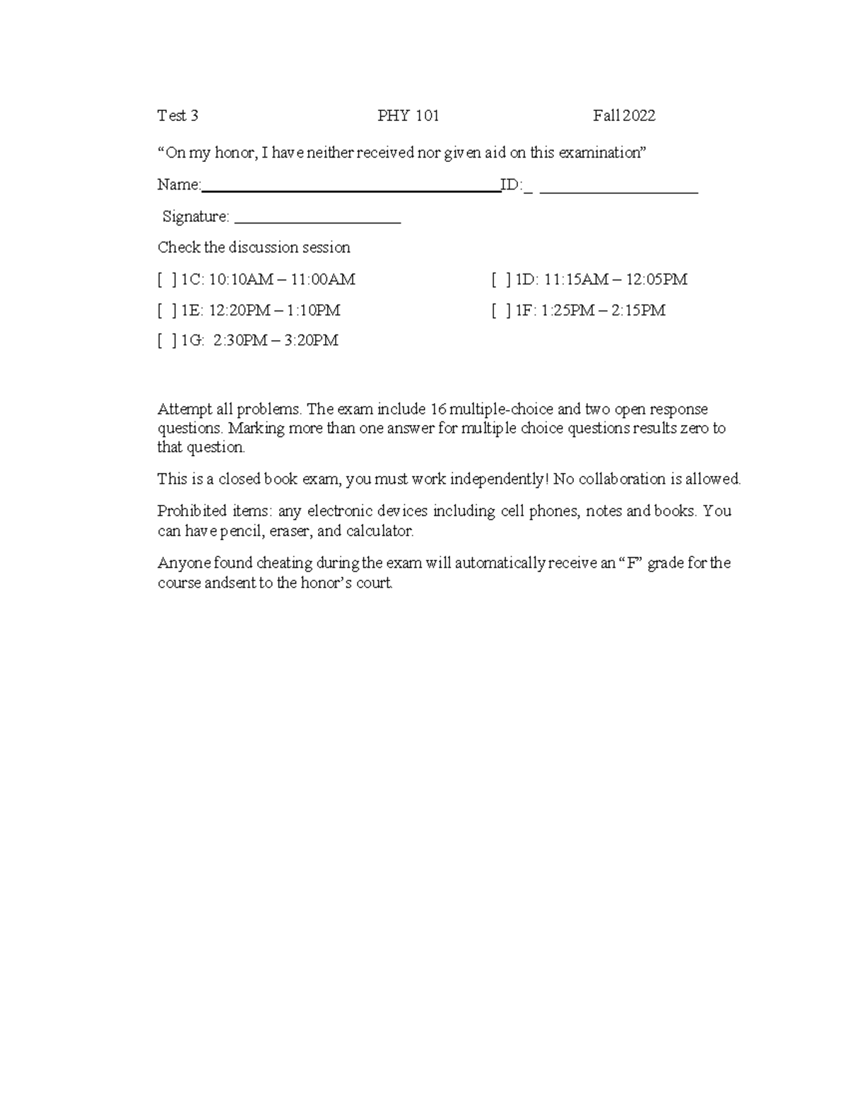 PHY101-Test3 - PHY 101 Test 3 Formula Sheet - Test 3 PHY 101 Fall 2022 ...