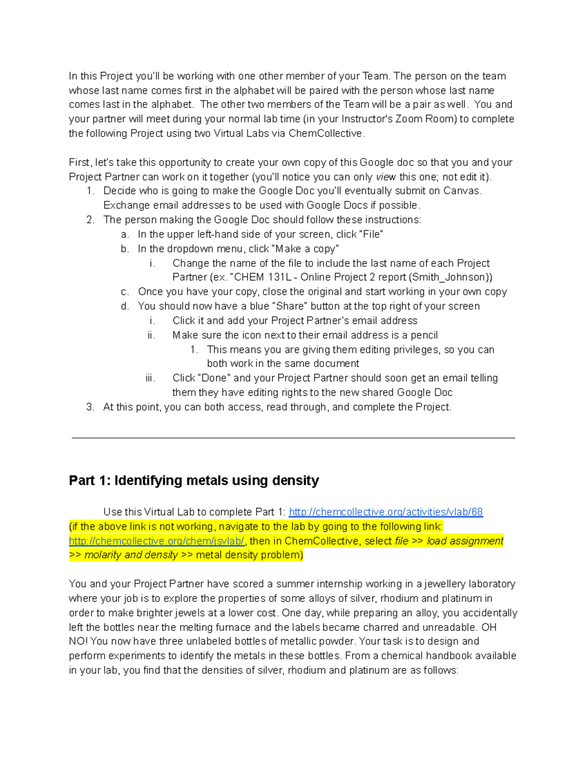 Chem 131l Project 2 In This Project You Ll Be Working With One Other