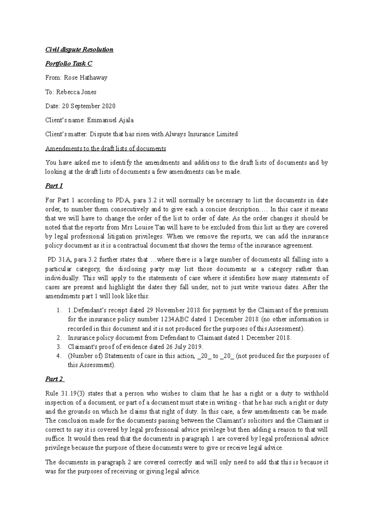 Civil dispute resolution Portfolio 3 answer - Civil dispute Resolution ...