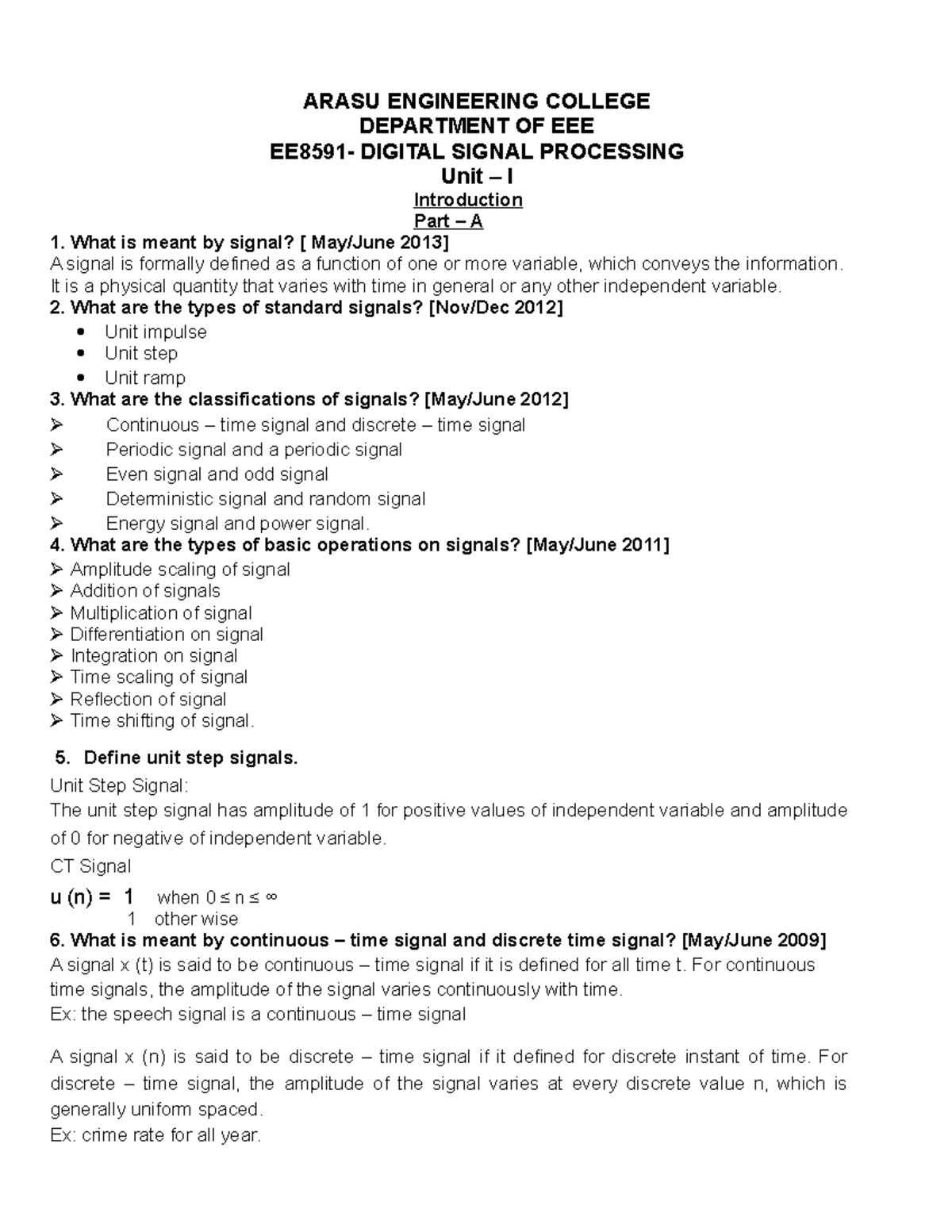 DSP 2 marks with answers ARASU ENGINEERING COLLEGE DEPARTMENT OF EEE