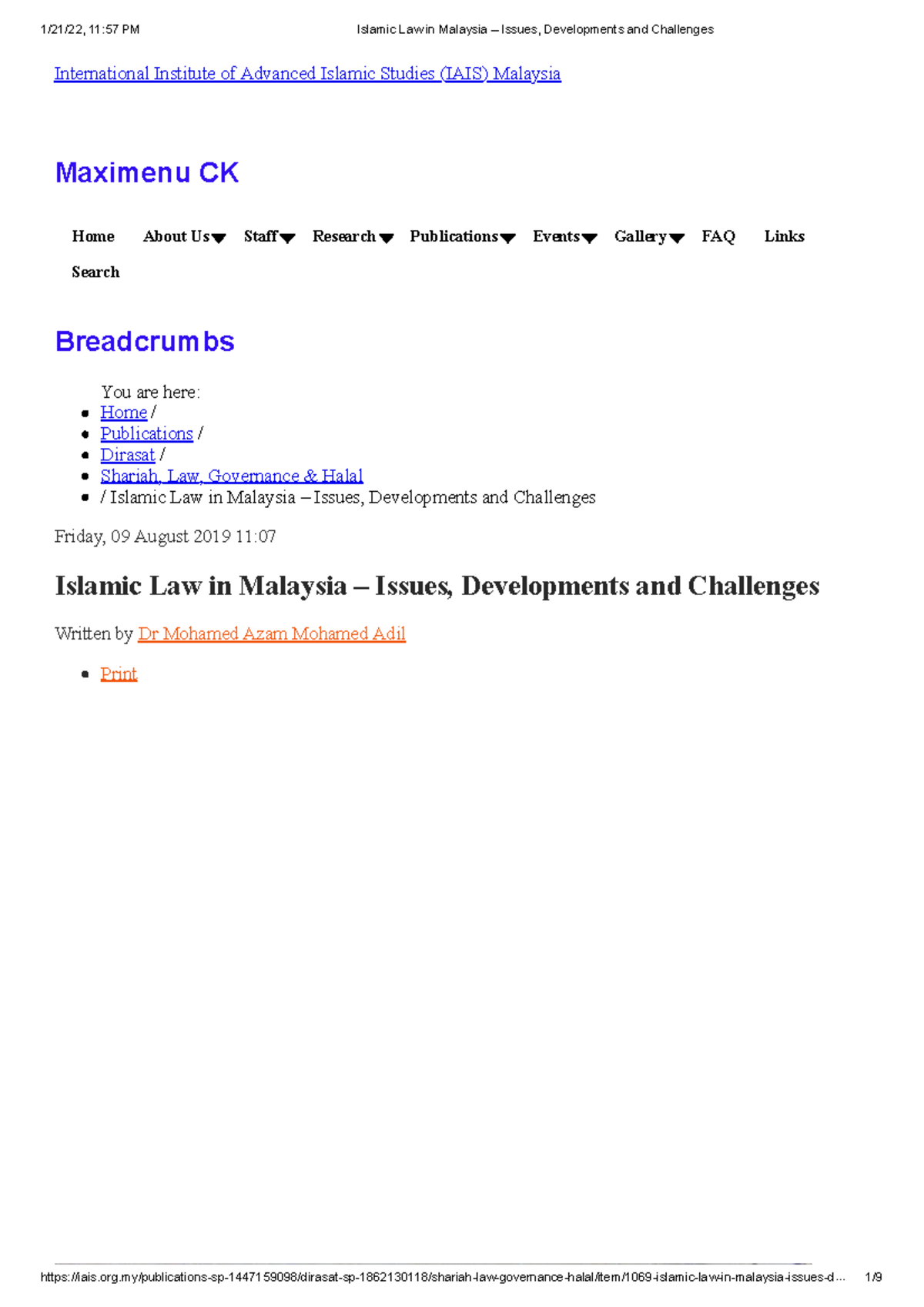 Islamic Law in Malaysia – Issues, Developments and Challenges ...