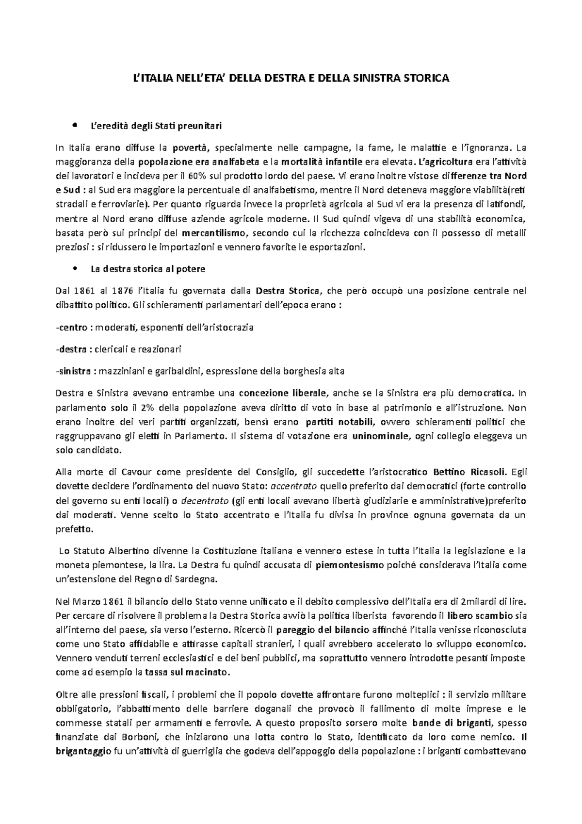 Gli Anni Della Destra Storica E Della Sinistra Storica. - L’ITALIA NELL ...