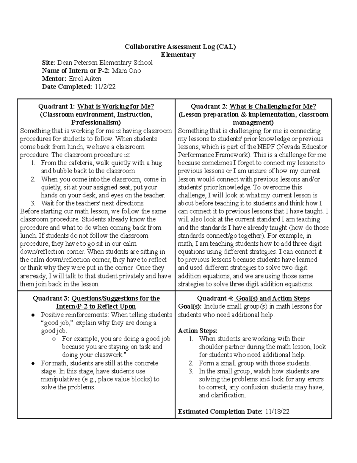 CAL #5 - CAL #5 - Collaborative Assessment Log (CAL) Elementary Site ...
