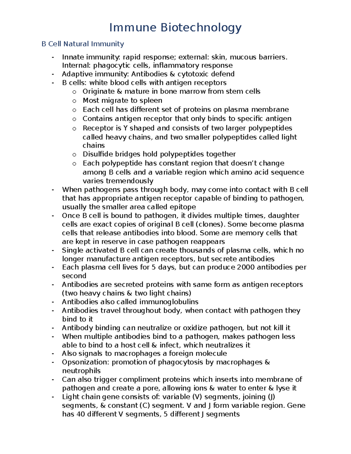Immune Biotechnology - Lecture notes 8 - Immune Biotechnology B Cell ...