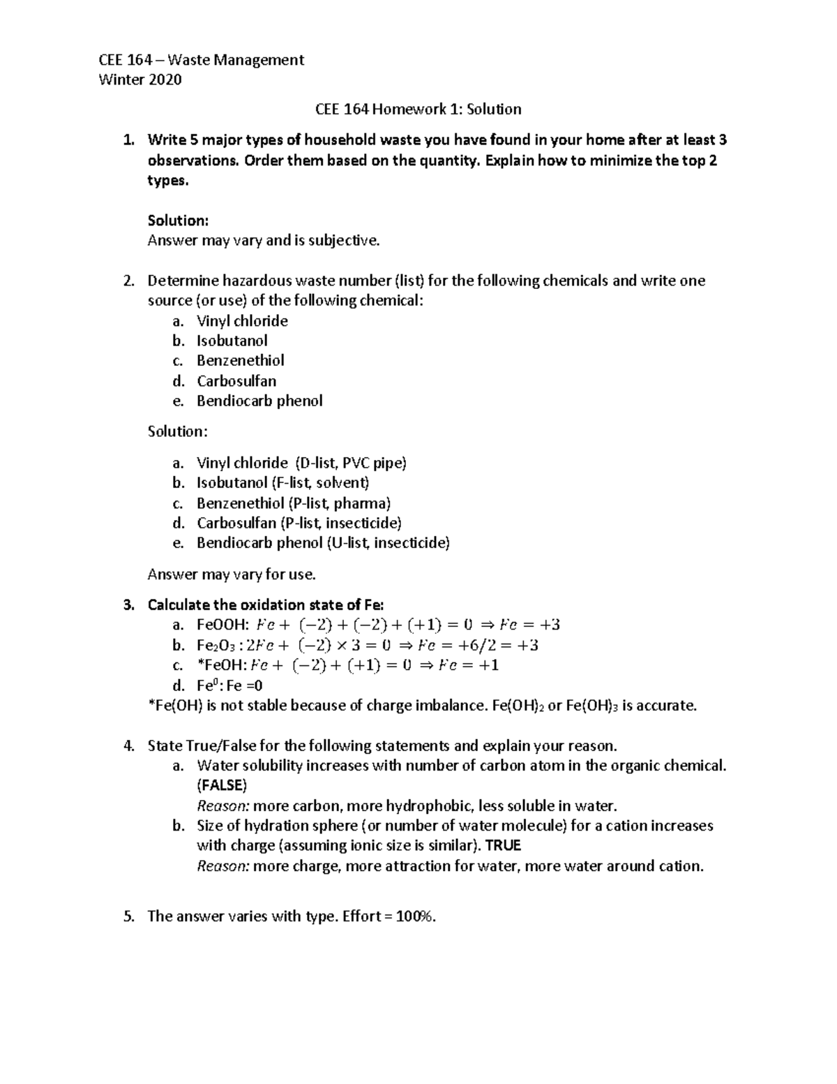 CEE 164 Homework 1 - CEE 164 – Waste Management Winter 2020 CEE 164 ...