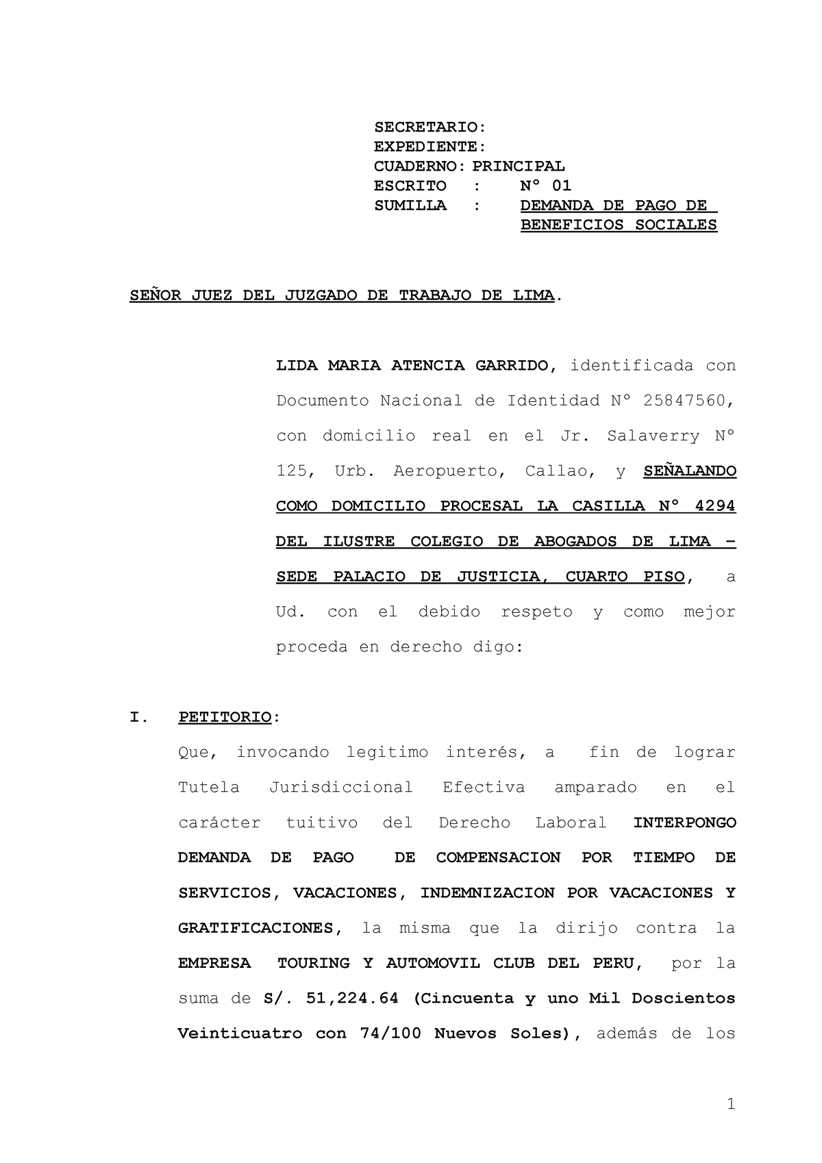 Demanda Beneficios Sociales 20 - SECRETARIO: EXPEDIENTE: CUADERNO ...