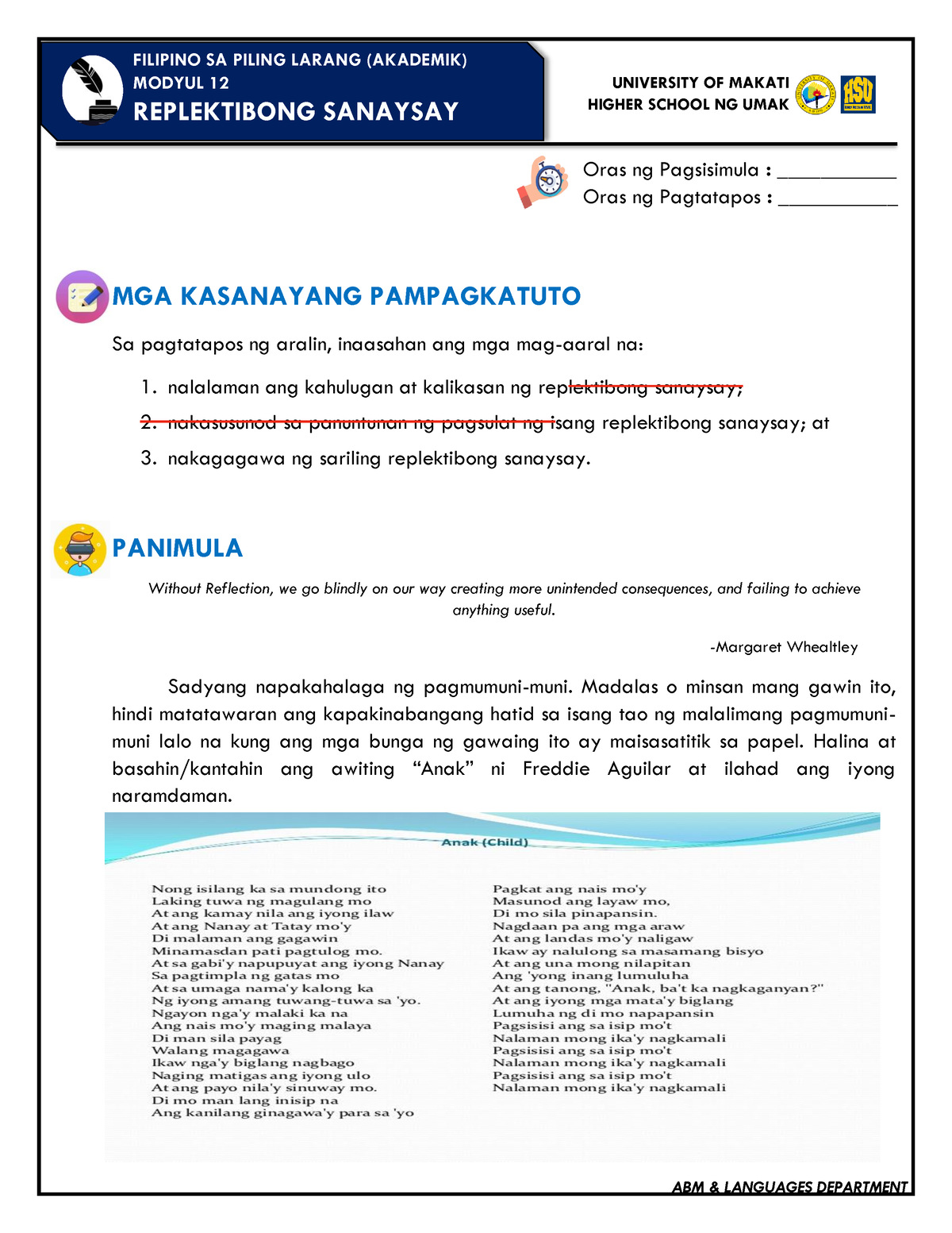 Module 12 Replektibong Sanaysay Filipino Sa Piling Larang Akademik Modyul 12 Replektibong 2224