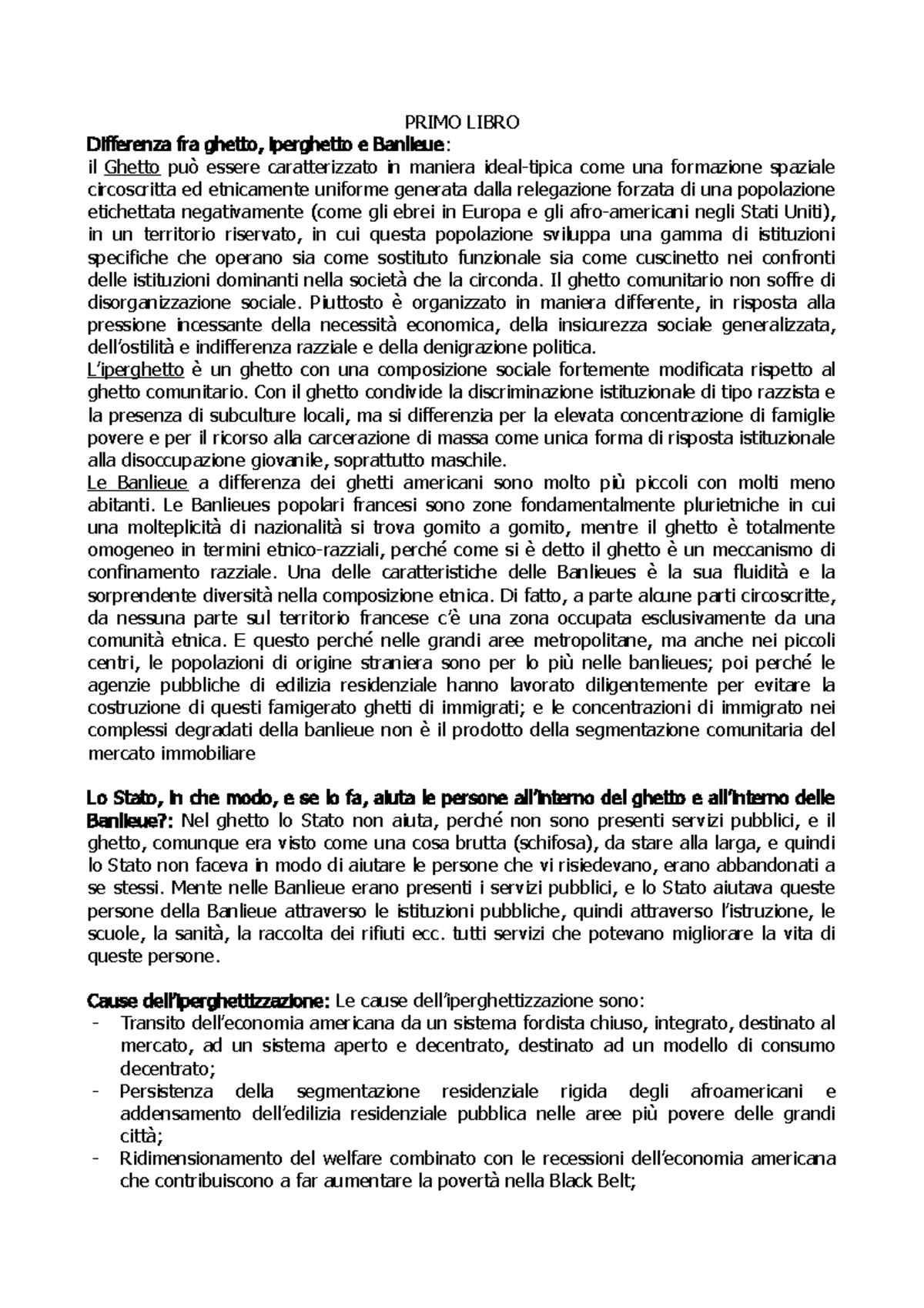 Domande DI Sociologia Urbana PRIMO LIBRO Differenza fra ghetto