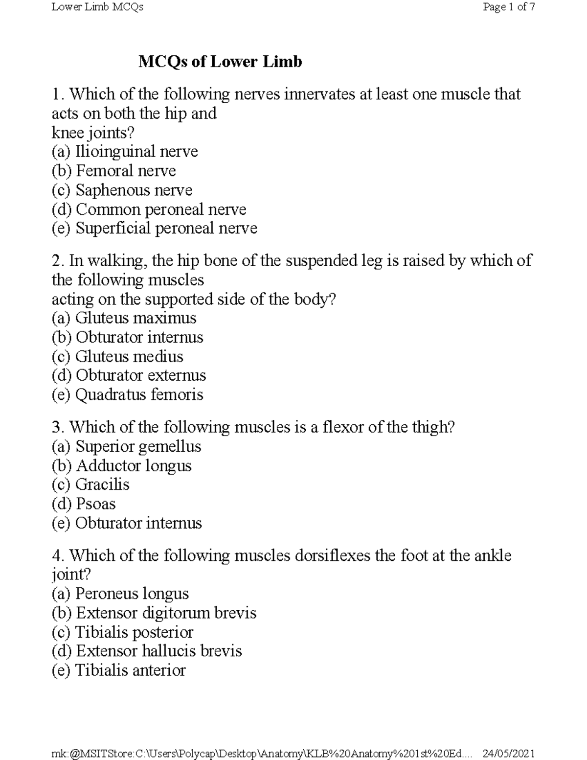 MCQS Lower LIMB - MCQs Of Lower Limb Which Of The Following Nerves ...