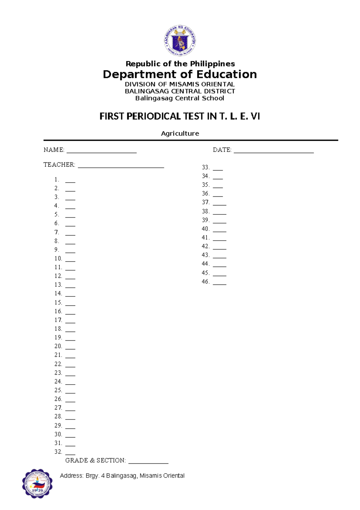 Answer sheets - sadasd - Republic of the Philippines Department of ...