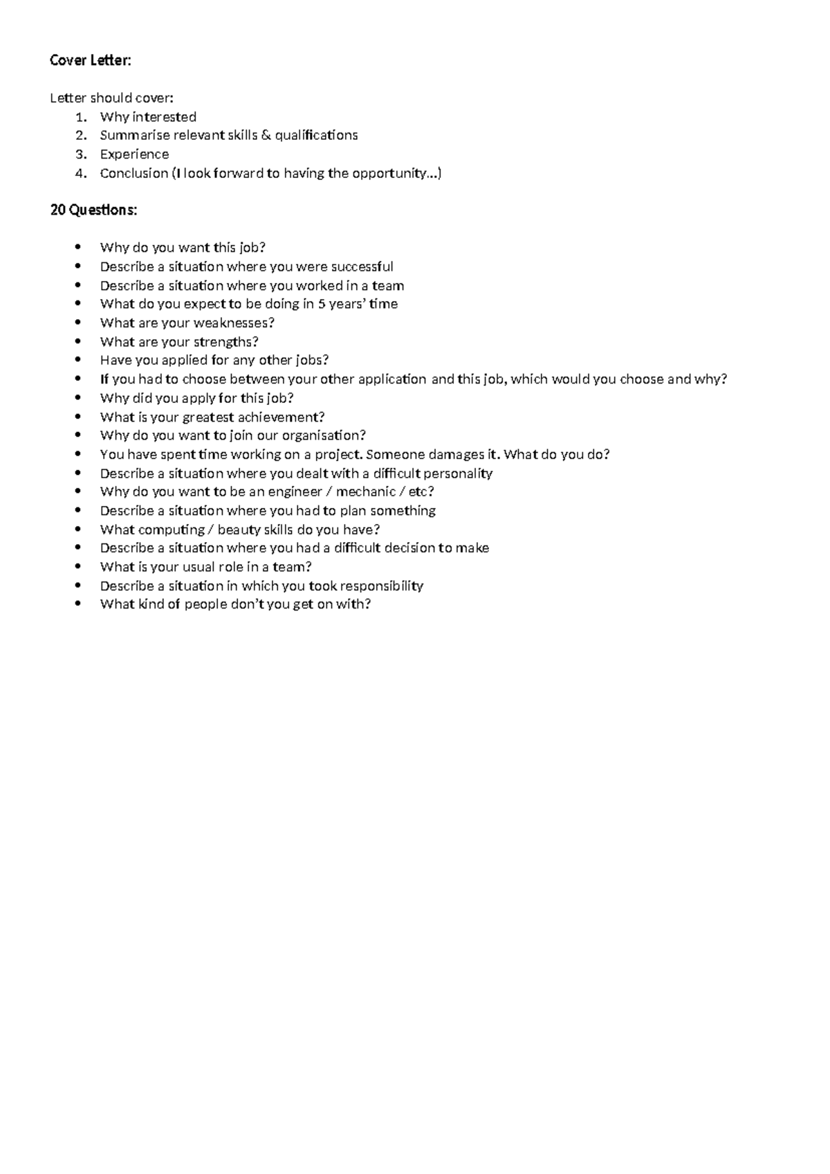 Cover Letter 20 Questions - Cover Letter: Letter should cover: 1. Why ...