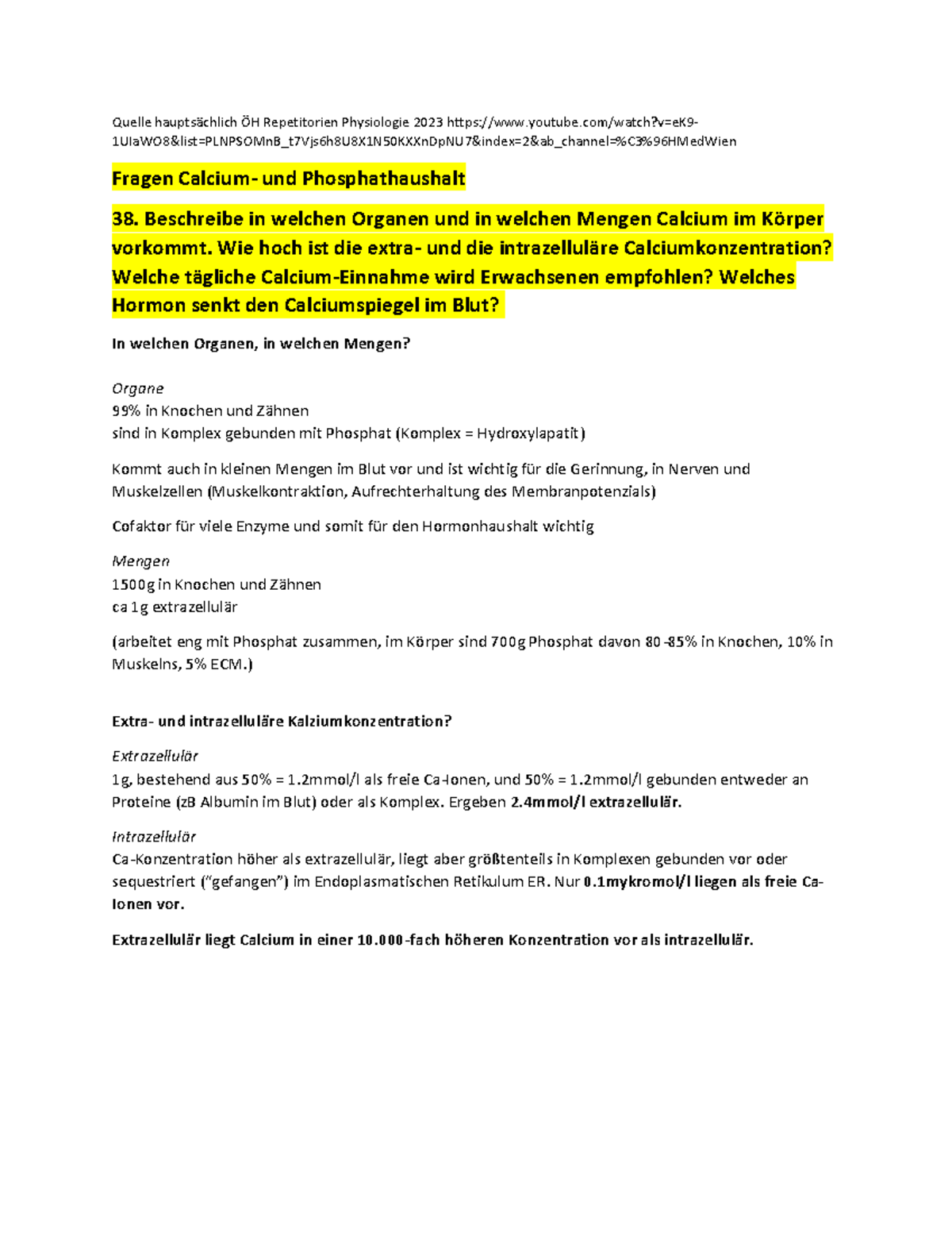 Ausarbeitung Fragen Physiologie Calcium Phosphathaushalt Quelle