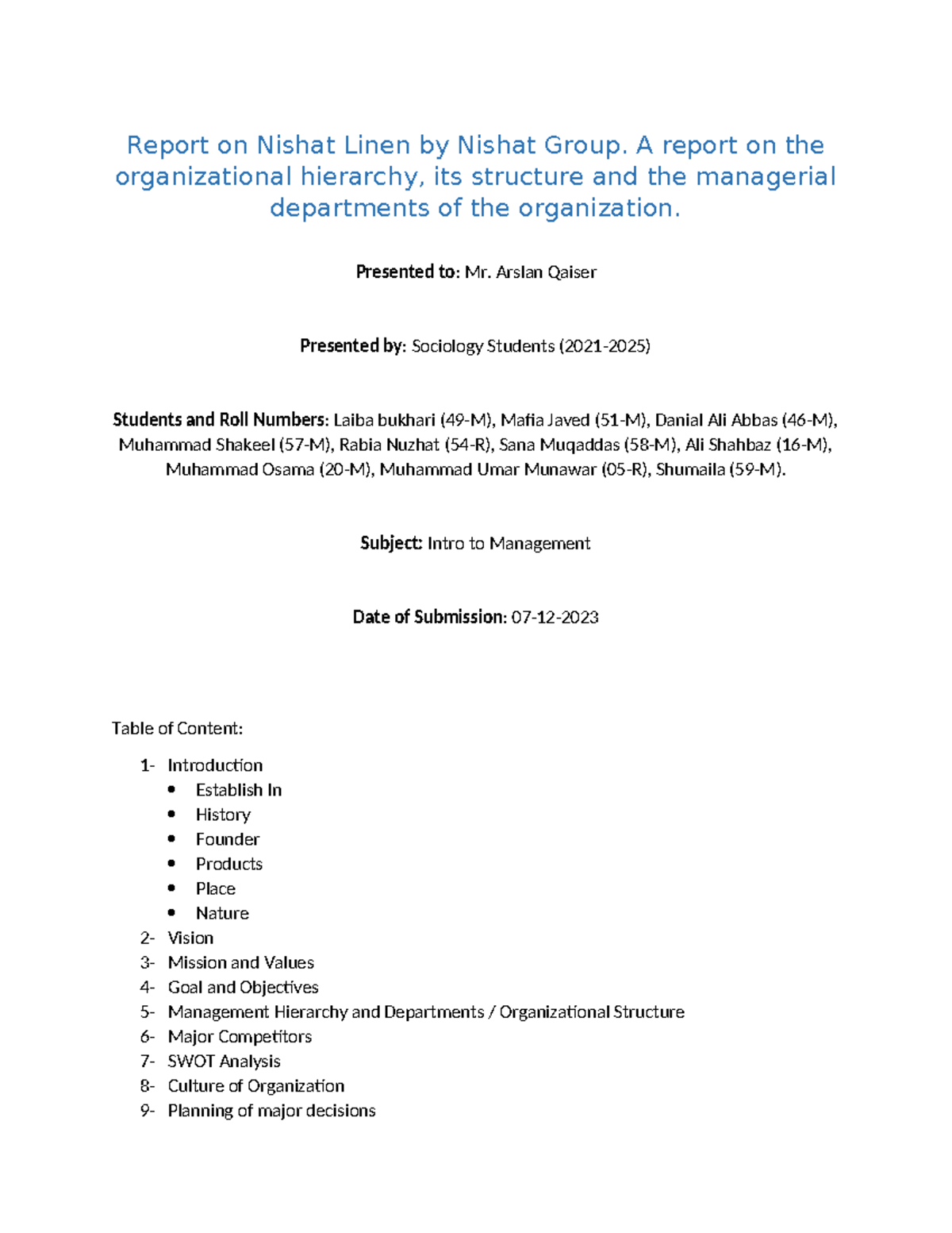 Report on Nishat Linen by Nishat Group A report on the organizational