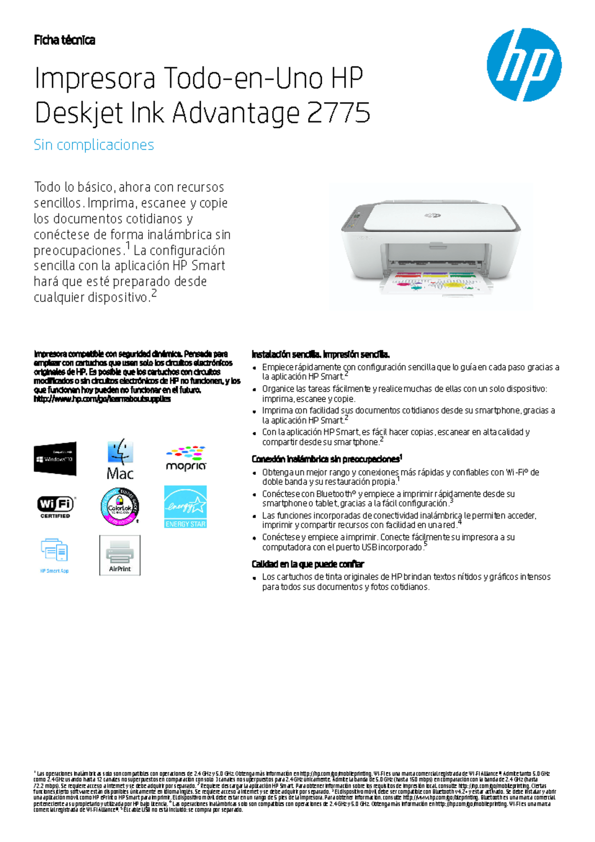 Impresora Multifuncional HP Desk Jet Ink Advantage 2775 (7FR21A) Ficha