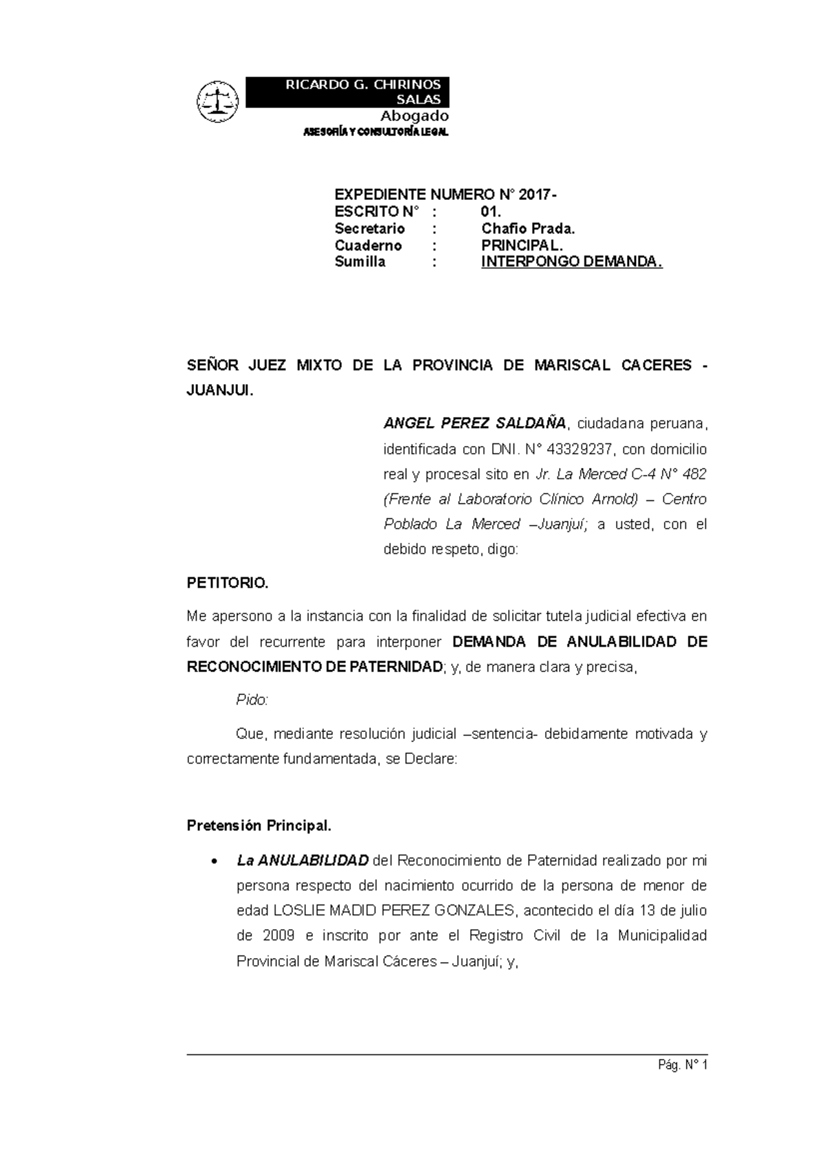 Pdf demanda de anulabilidad de reconocimiento de paternidad - SALAS Abogado  ASESORÍA Y CONSULTORÍA - Studocu