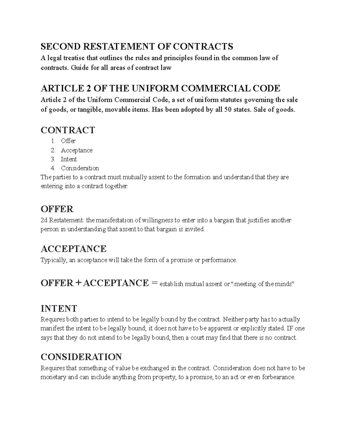 Contracts Final Outline - SECOND RESTATEMENT OF CONTRACTS A legal ...