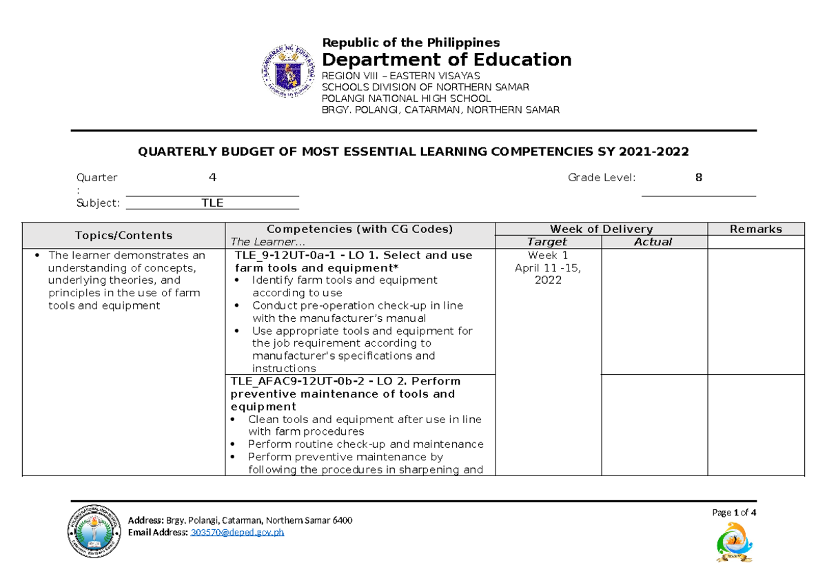 BOL-TLE 8 Q4 - budget of lessons - Page 1 of 4 Republic of the ...