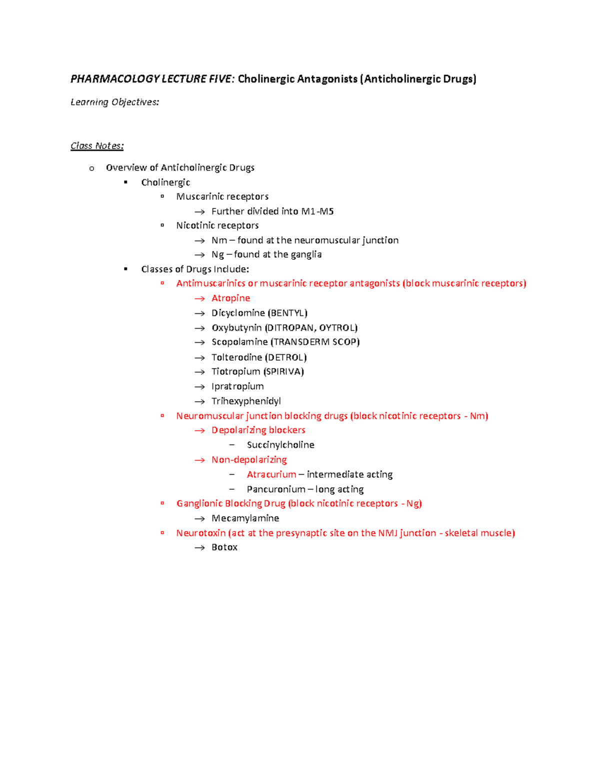 Pharm Lecture Cholinergic Antagonists Anticholinergic Drugs Pharmacology Lecture Five