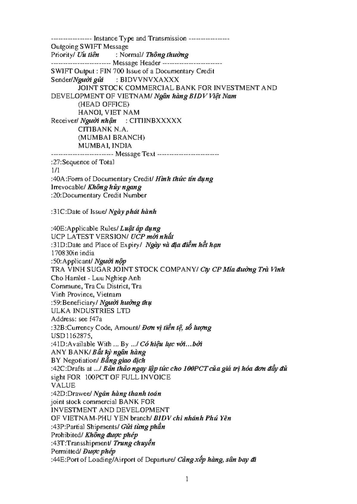 LC BIDV - Instance Type and Transmission - Outgoing SWIFT Message ...