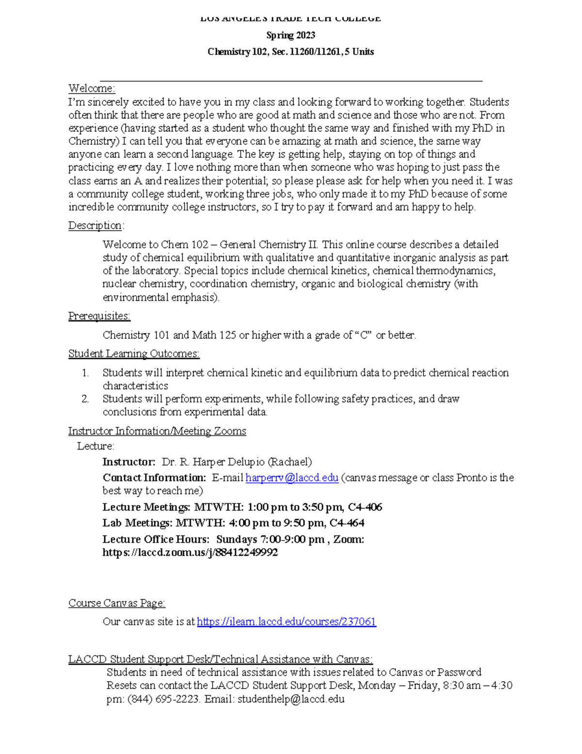 Chem 102 Syllabus - SU23 - Spring 202 3 Chemistry 10 2 , Sec. 11260 / ...