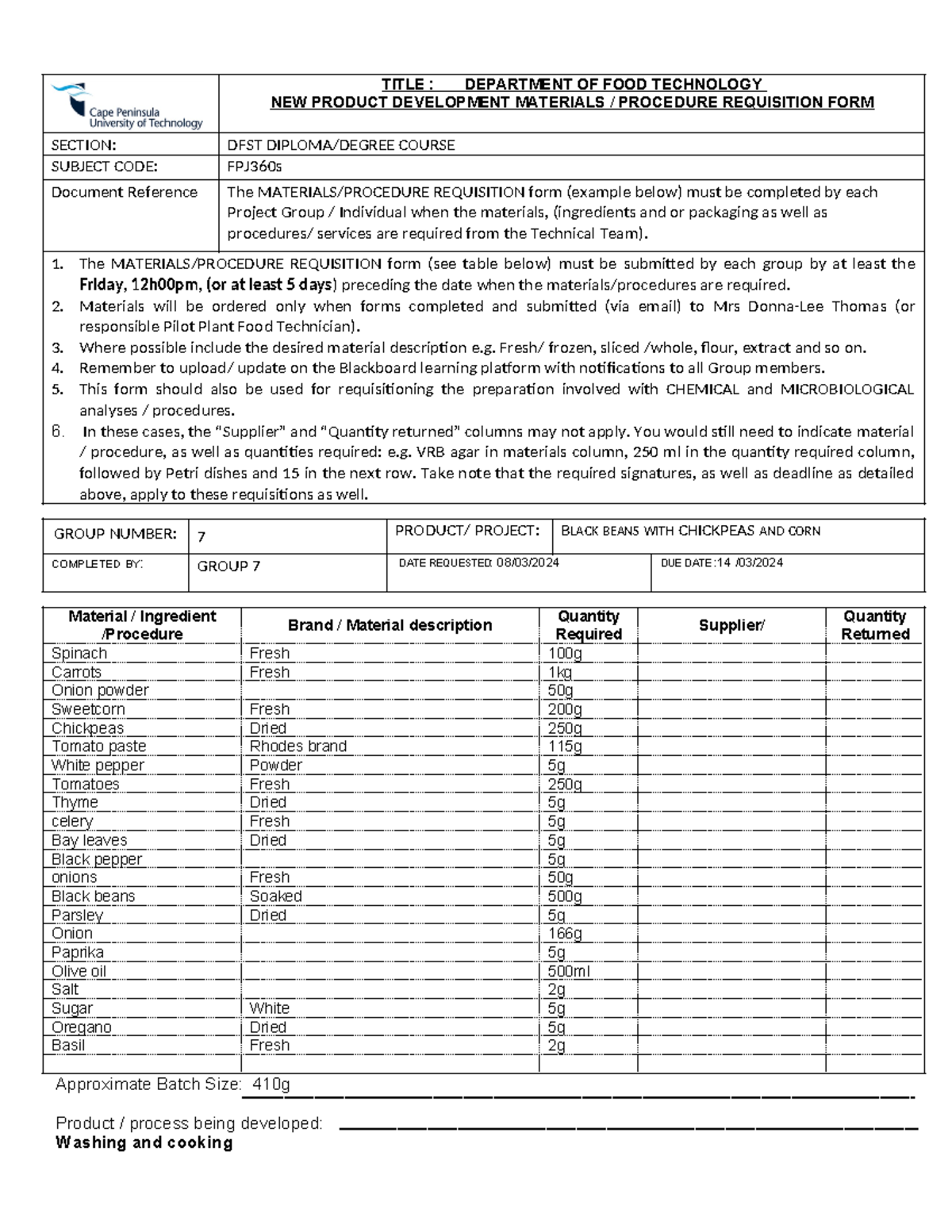 Group 7 Requisition form (1)-1 - TITLE : DEPARTMENT OF FOOD TECHNOLOGY ...