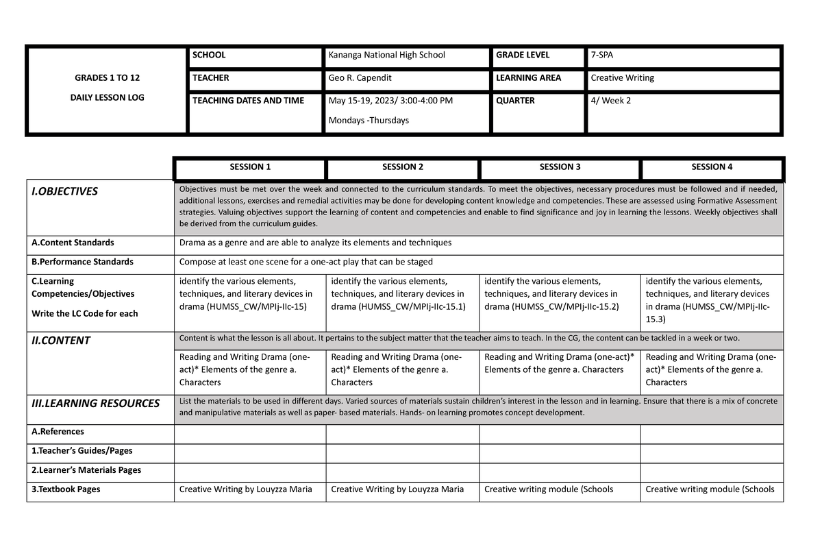 Cw Q1 W11 - Wewe - Grades 1 To 12 Daily Lesson Log School Kananga 