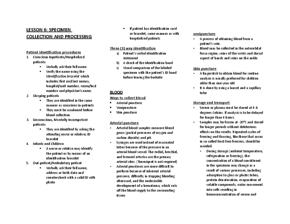 Chemistry- Lesson 6 - LESSON 6: SPECIMEN COLLECTION AND PROCESSING ...