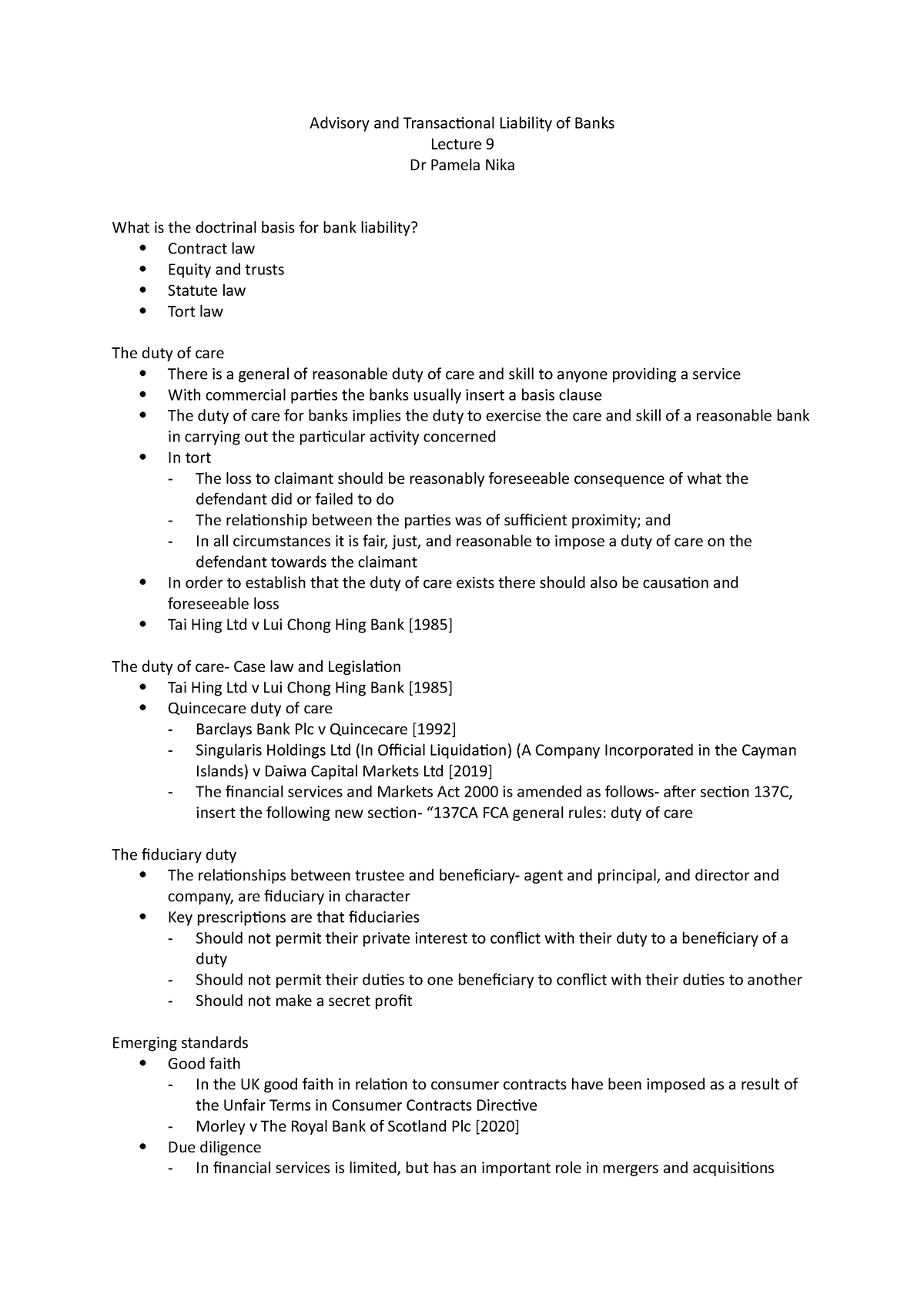 Lecture 9- Liability - Advisory and Transactional Liability of Banks ...