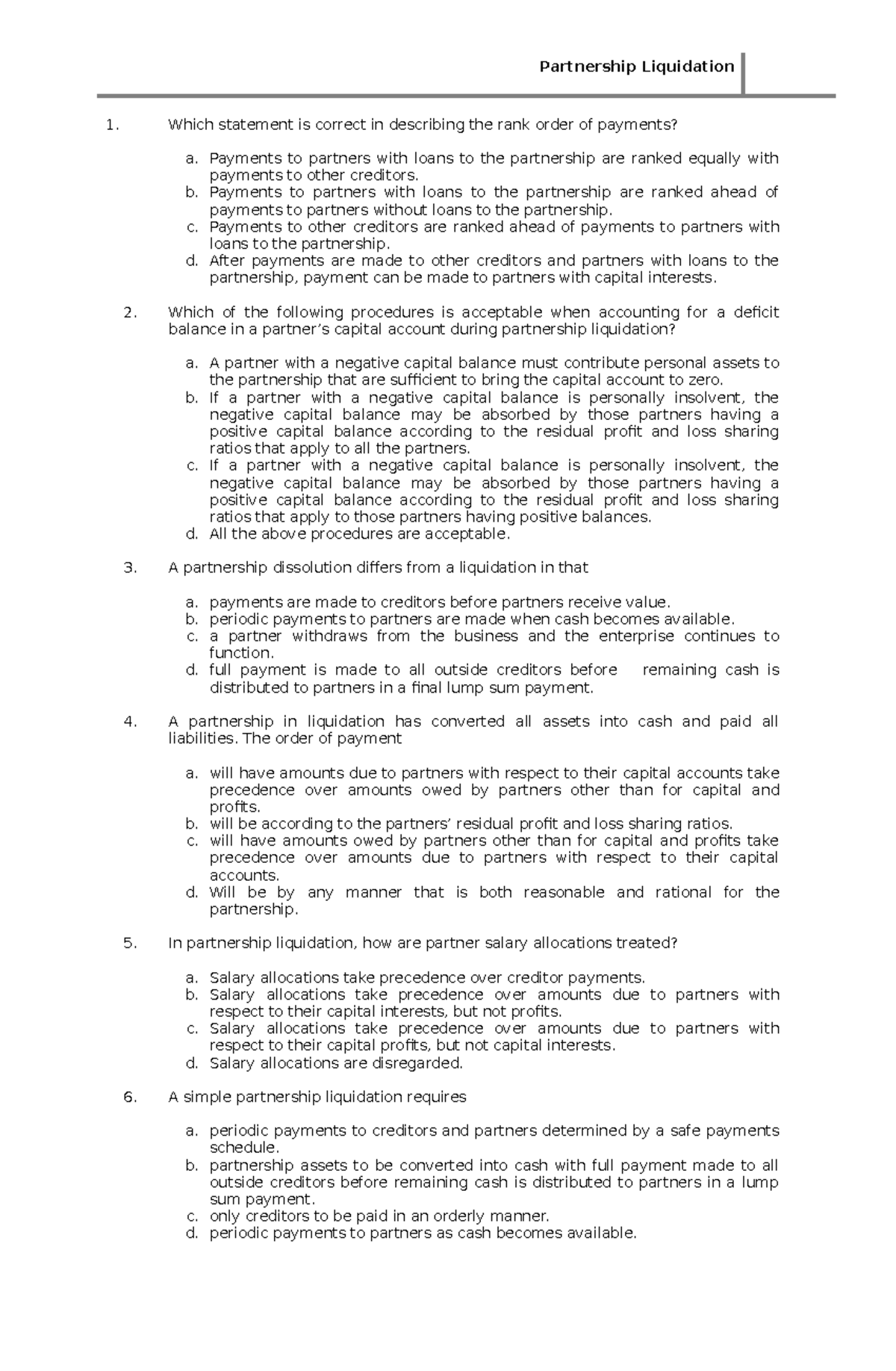 120273494 Acctg 2 Quiz - Lecture Notes 1-2 - Partnership Liquidation 1 