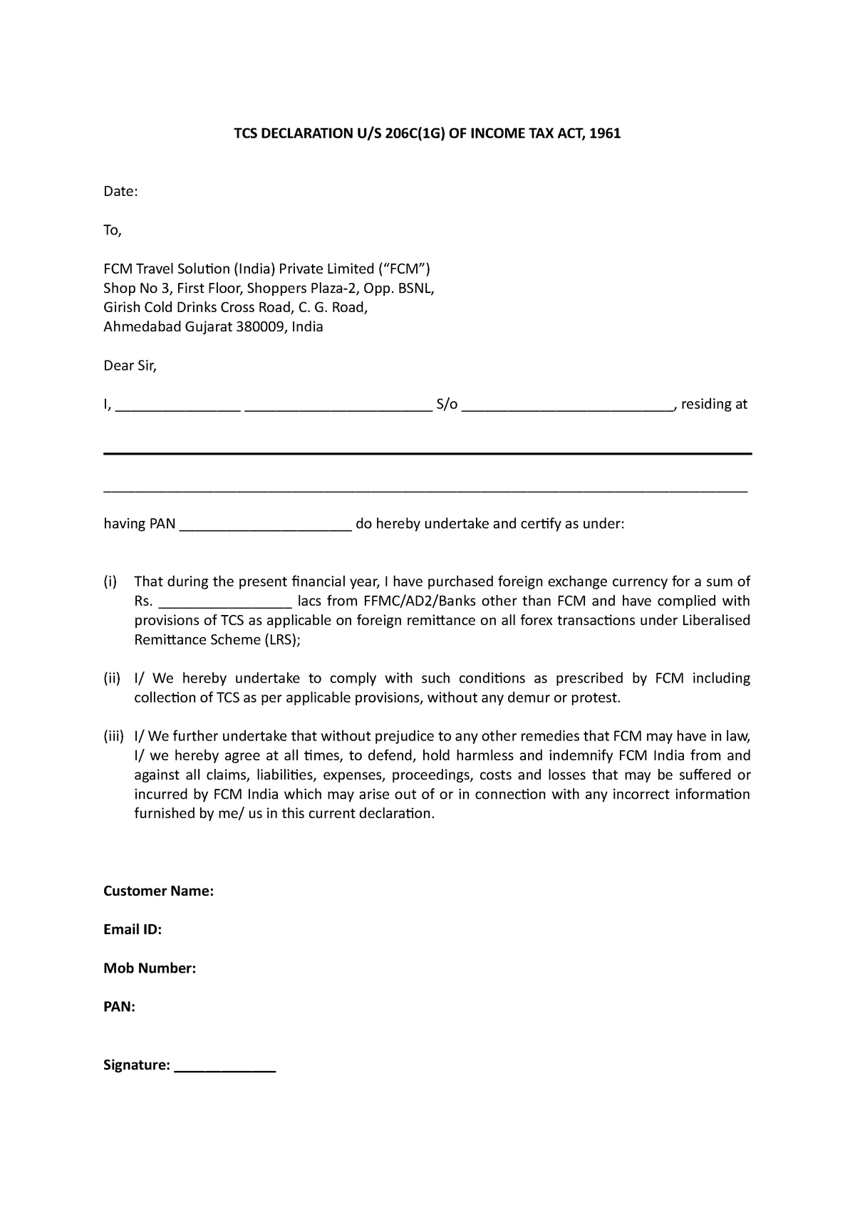 TCS Declaration Form TCS DECLARATION U/S 206C(1G) OF TAX ACT