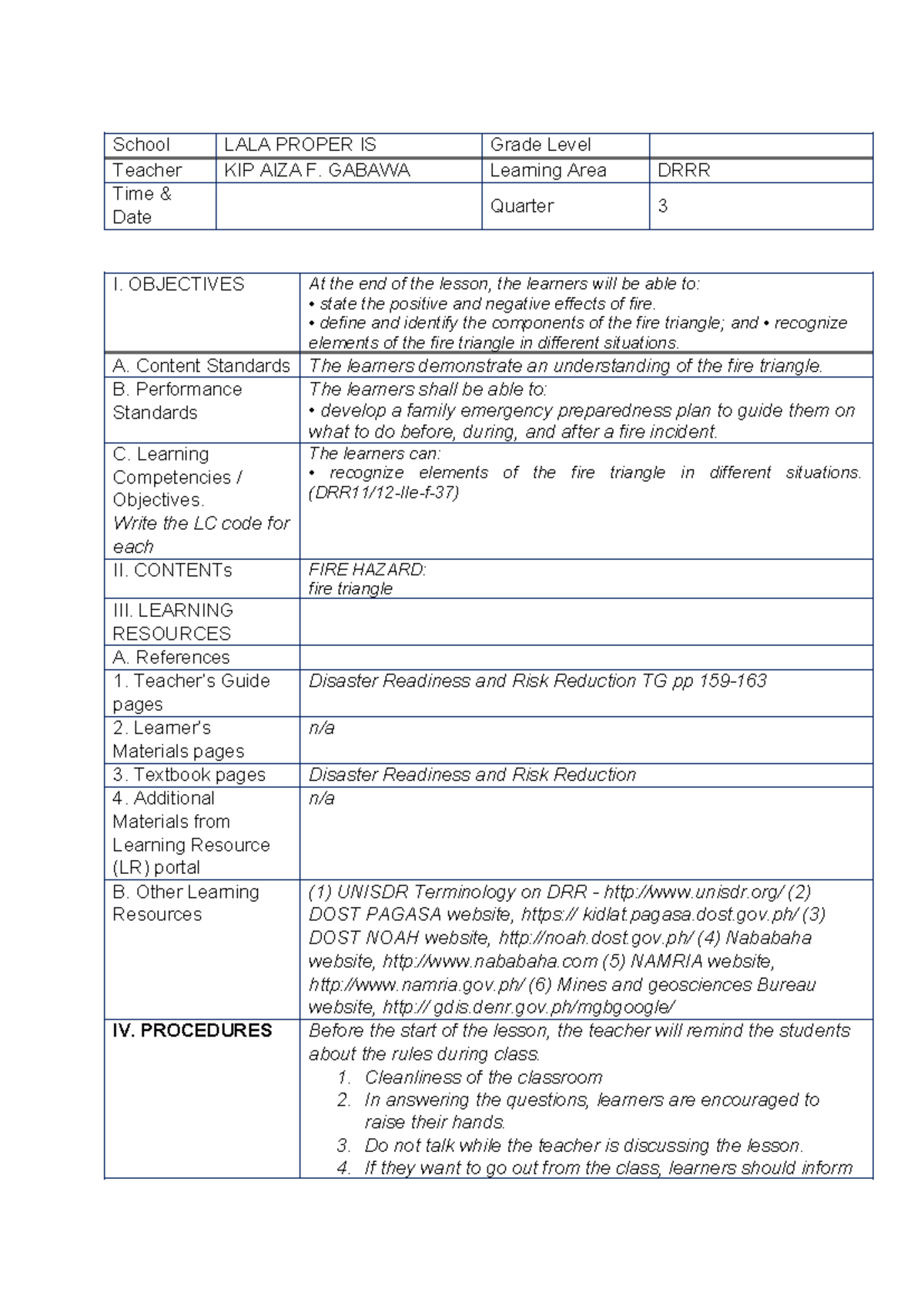 lesson plan in Disaster Readiness - School LALA PROPER IS Grade Level ...