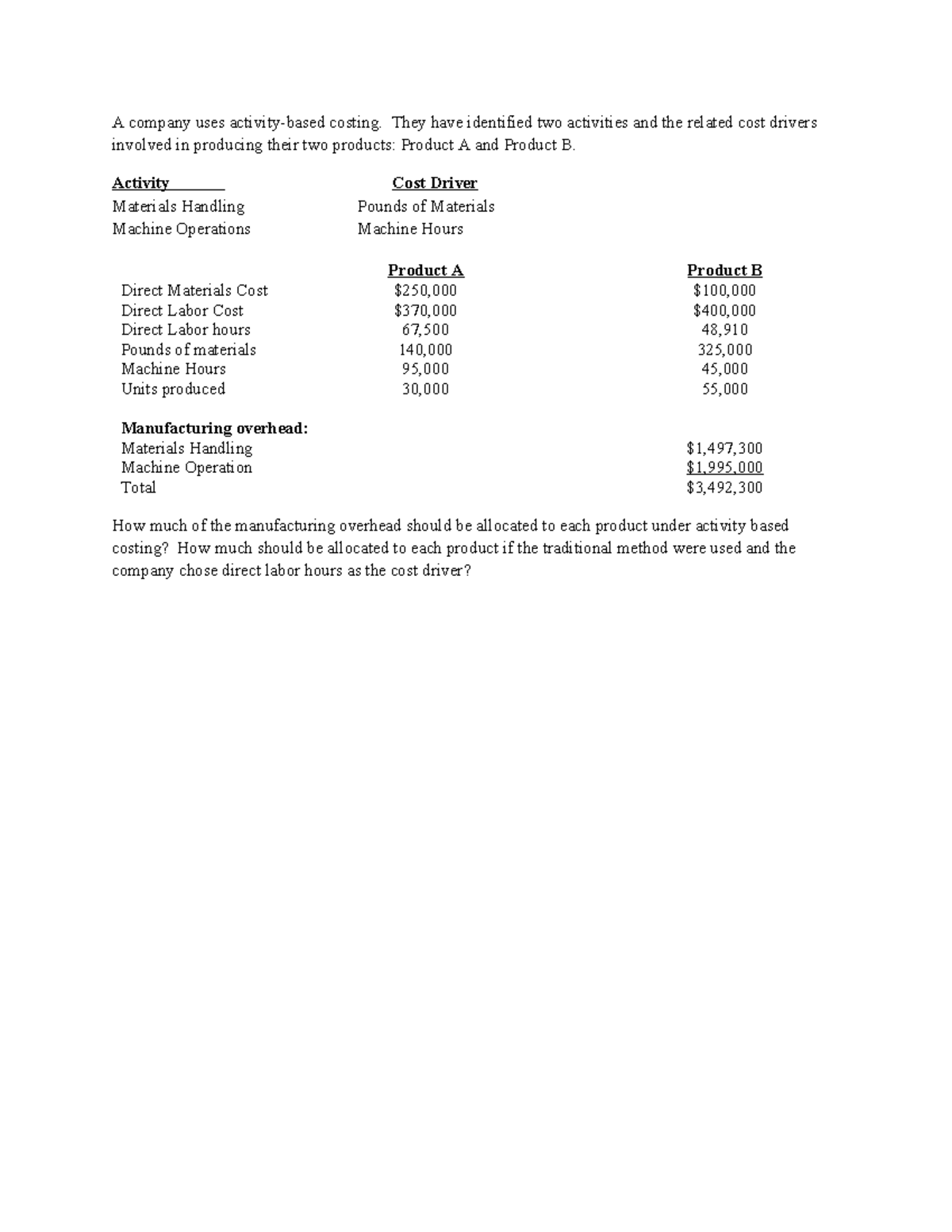 Ch 7 extra problems - A company uses activity-based costing. They have ...