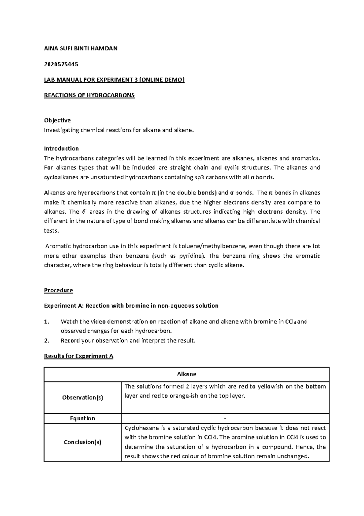 hydrocarbons experiment