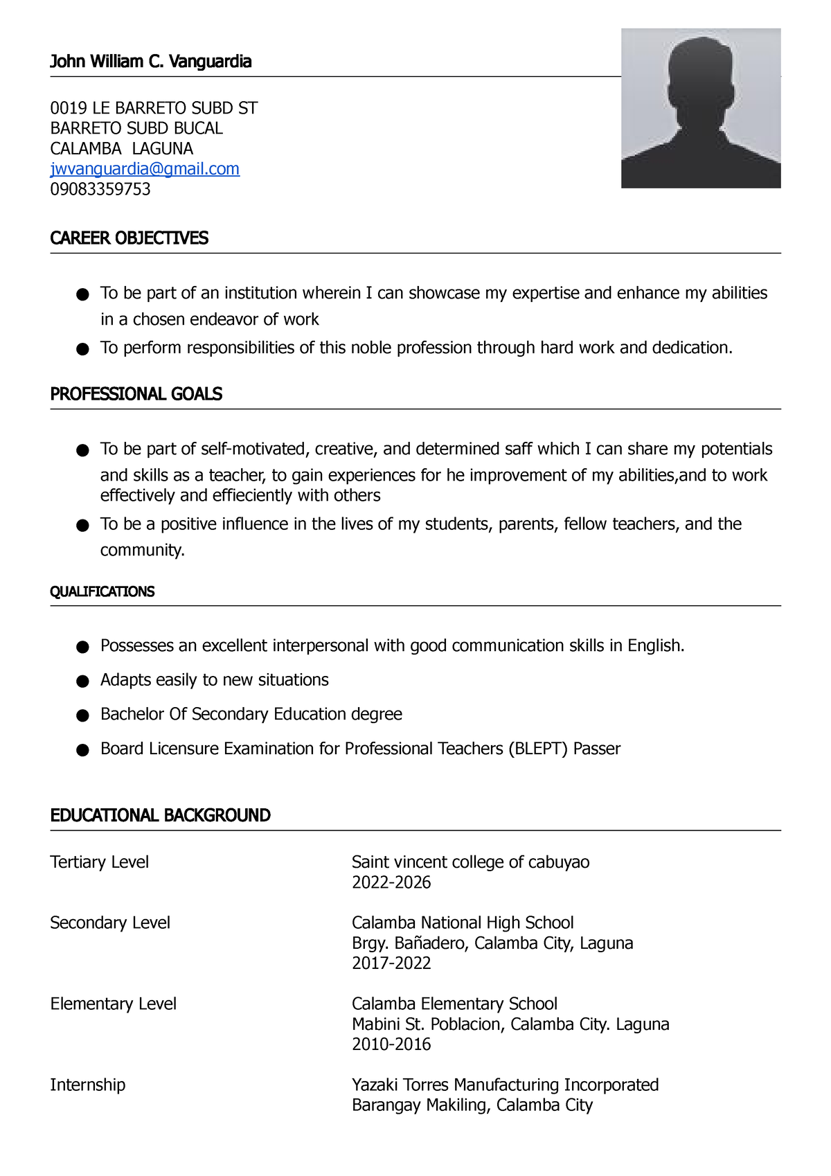 Sample Resume - dada - John William C. Vanguardia 0019 LE BARRETO SUBD ...