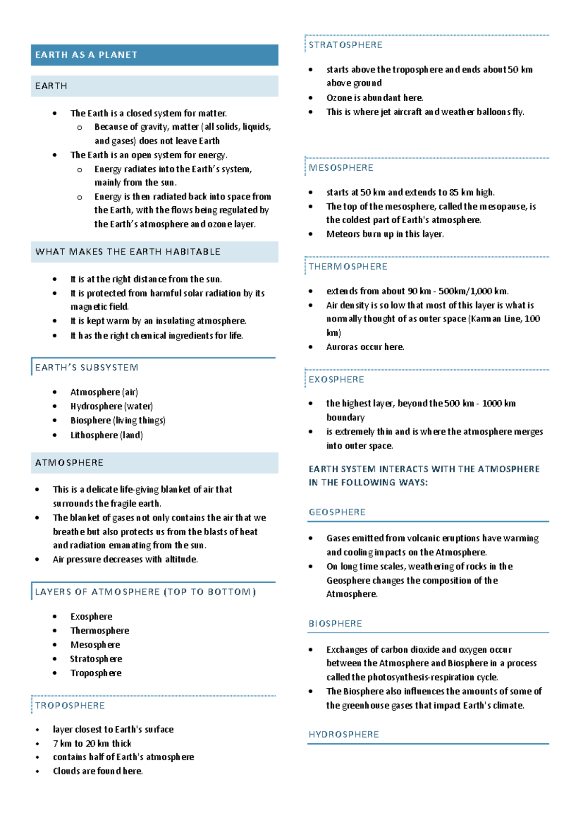 Earth Science Notes - EARTH AS A PLANET EARTH • The Earth is a closed ...