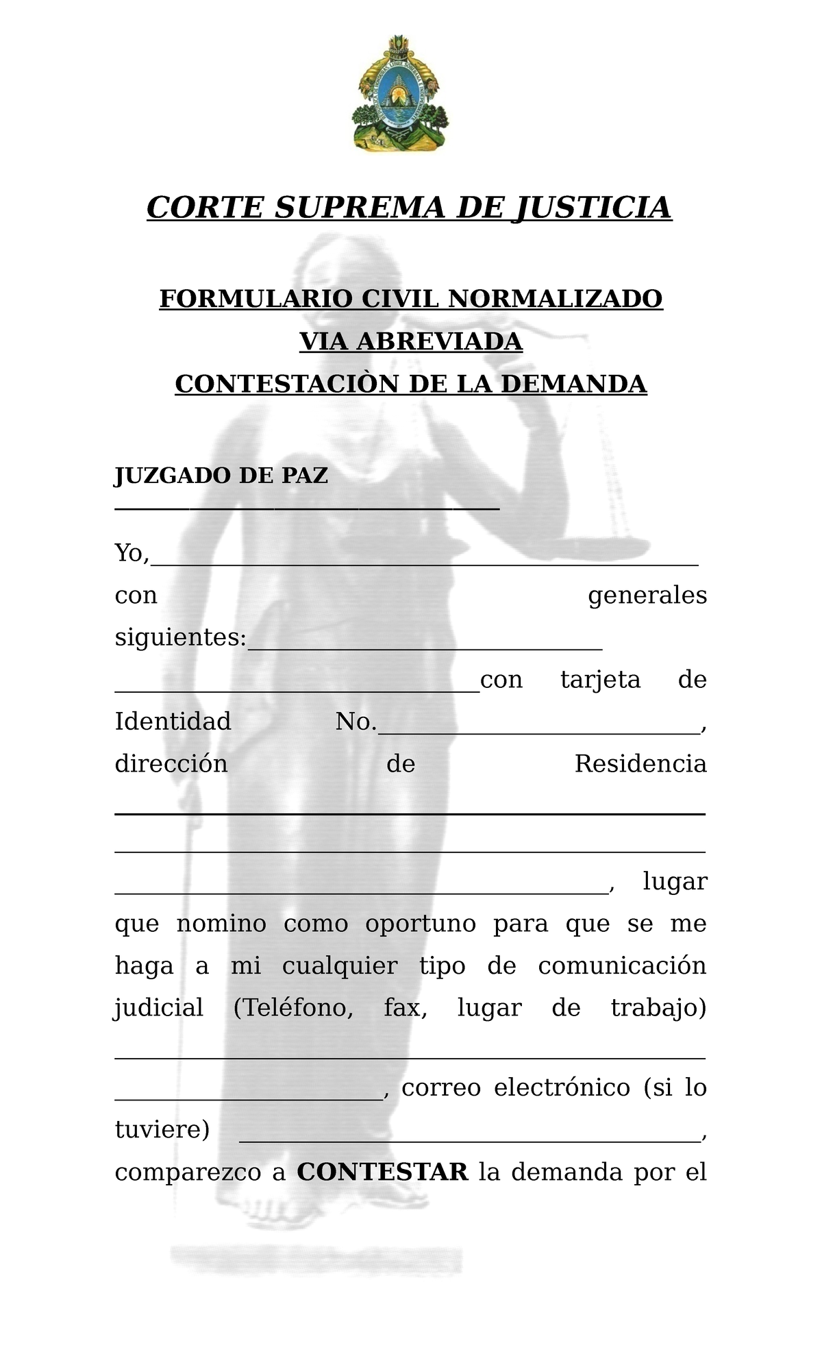 Formulario DE Contestaci+ÆN DE Demanda Via Abreviada -Juzgado De Paz ...