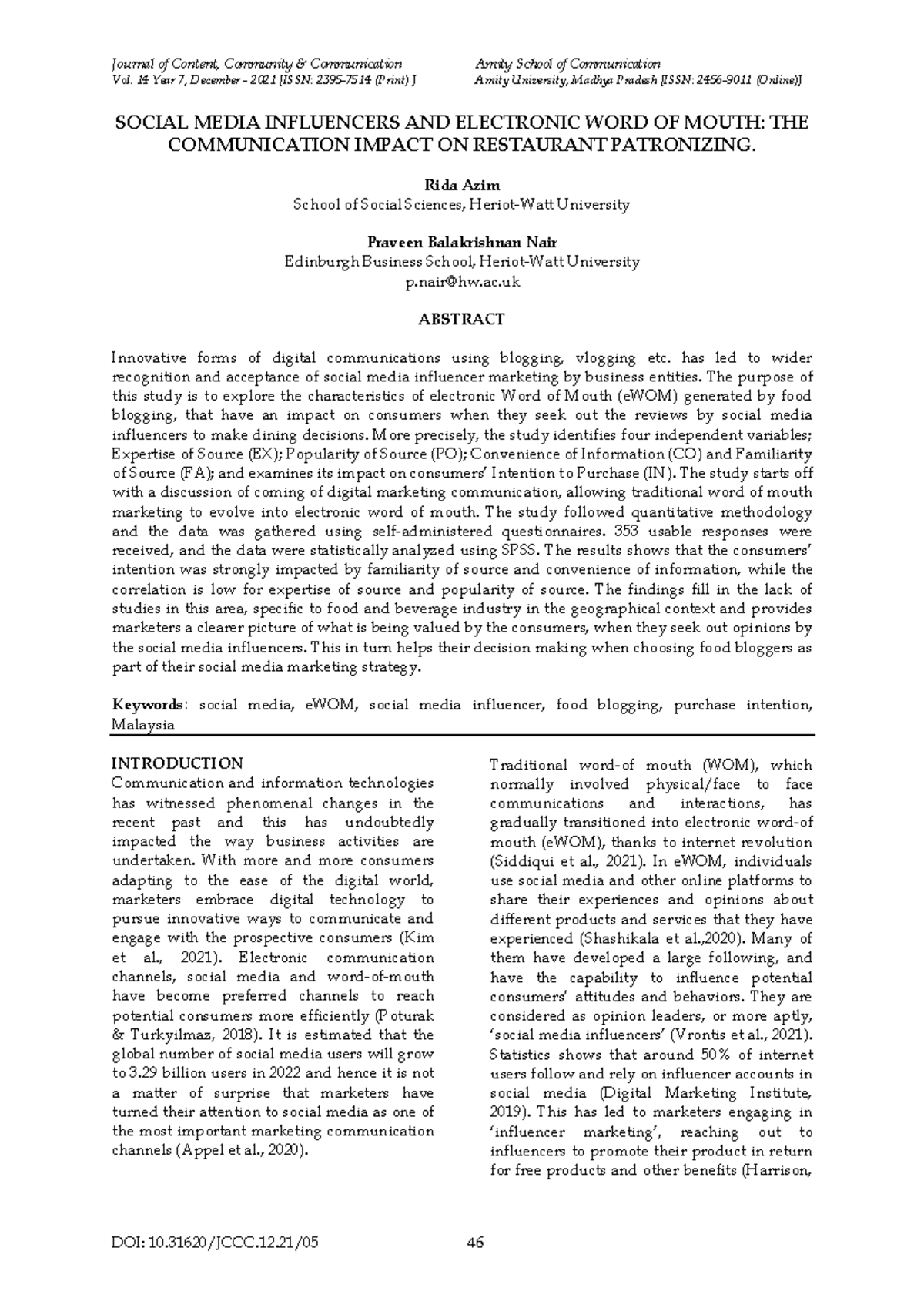 Social Media Influencers and Electronic - Journal of Content, Community ...