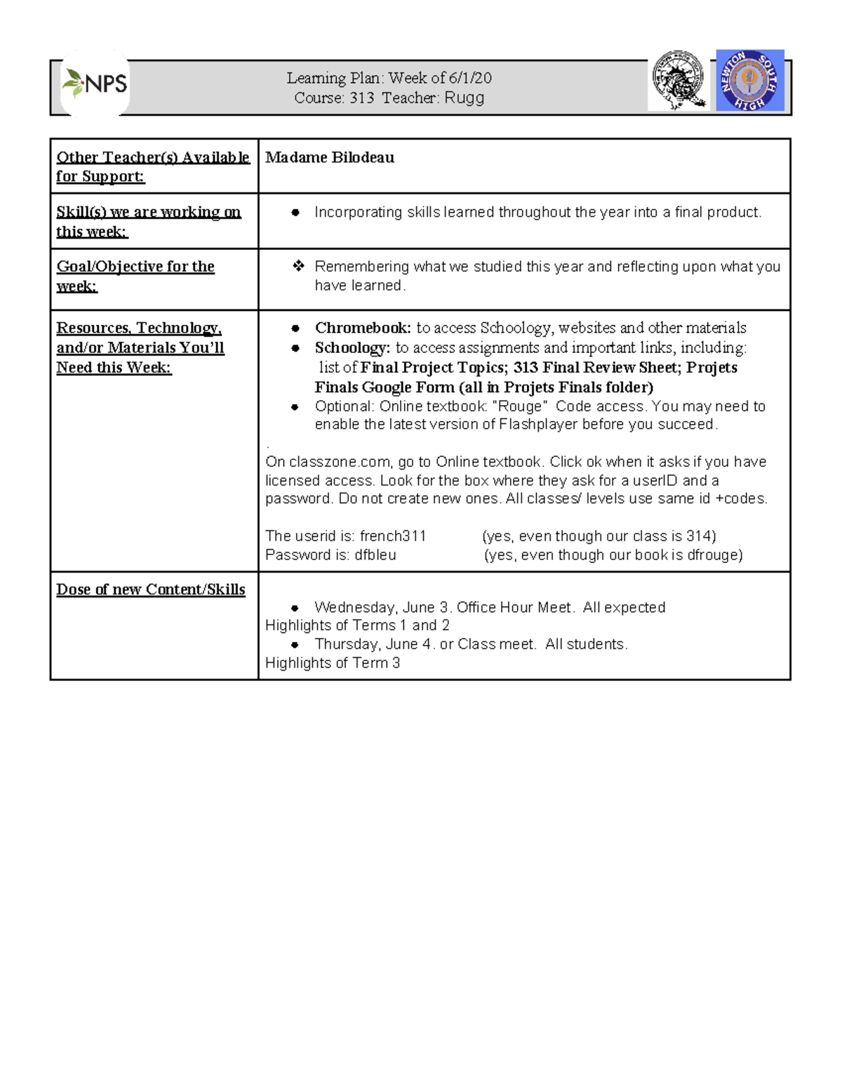 313 1 juin 2020 Learning Plan Rugg - Learning Plan: Week of 6/1/ Course ...