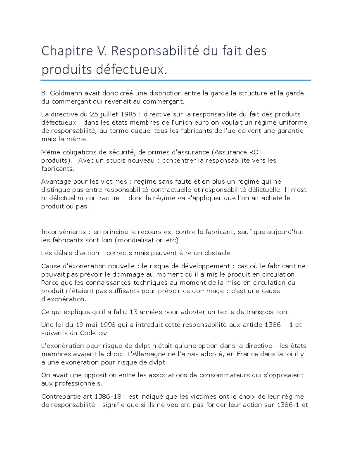 Chapitre5 Responsabilité du fait des produits défectueux. Chapitre